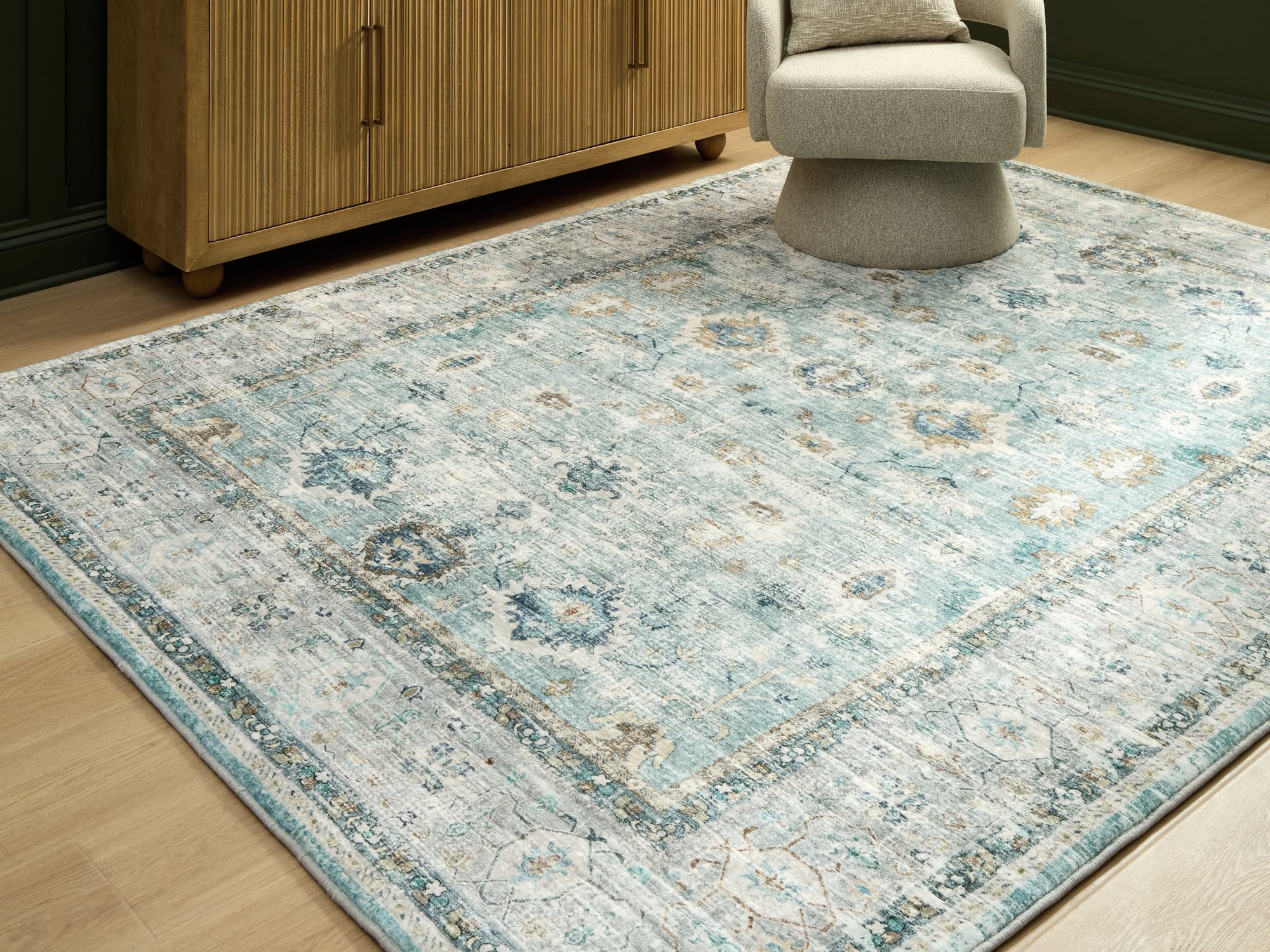 Ladstoney Teal/Beige/Ochre 7’6″ X 9’6″ Memory Foam Area Rug
