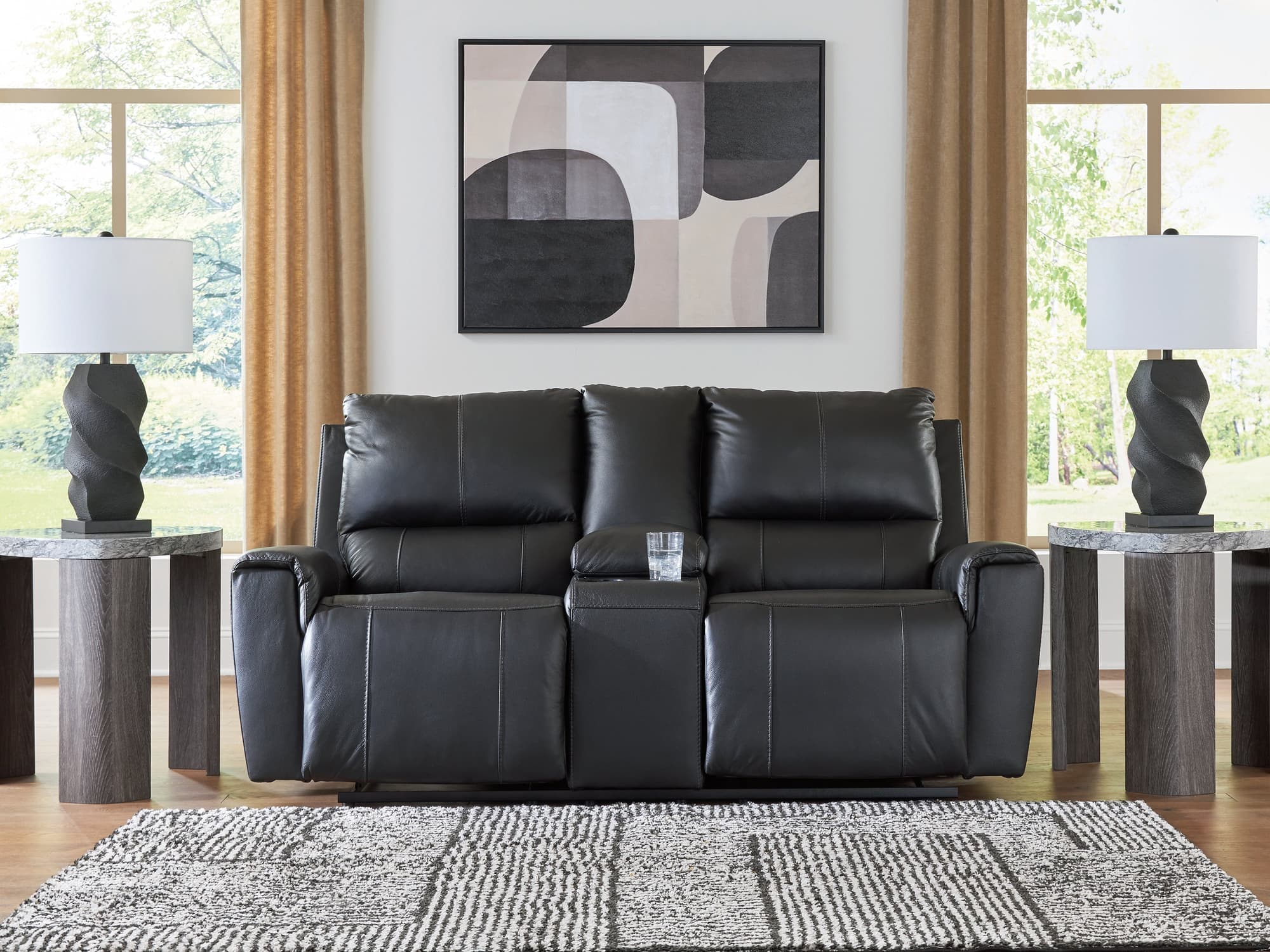 Glossmore Black Leather Reclining Loveseat with Console - Image 1