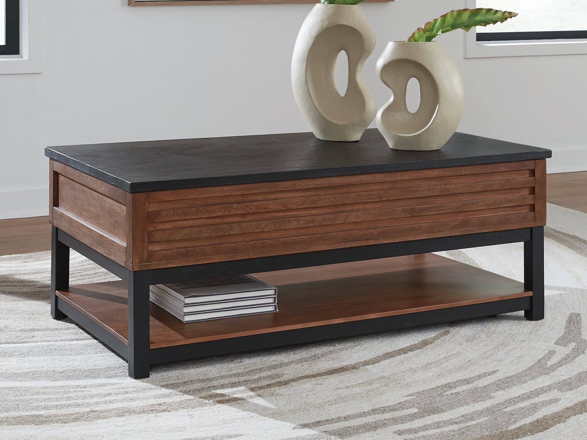 Kallari Warm Brown/Black Lift-Top Coffee Table
