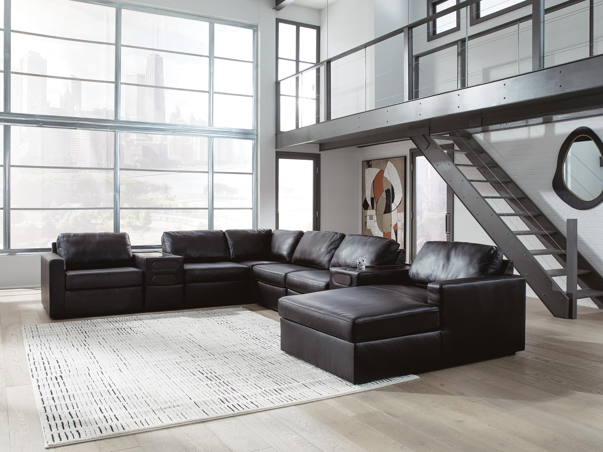 Modmax II Black Leather 8-Piece Sectional with Chaise and Audio Consoles - Image 1