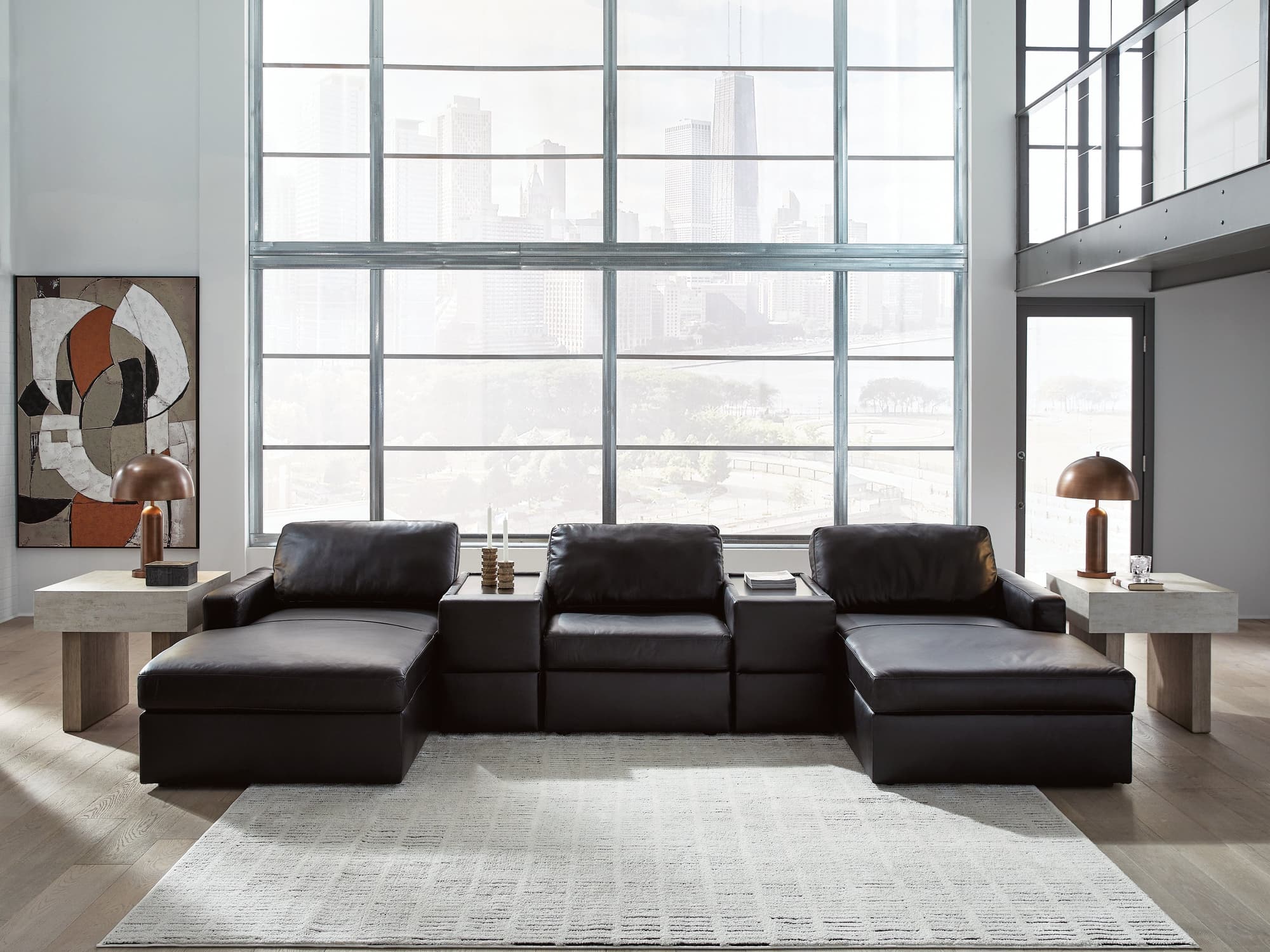 Modmax II Black Leather 5-Piece Double Chaise Sectional with Storage Consoles - Image 1