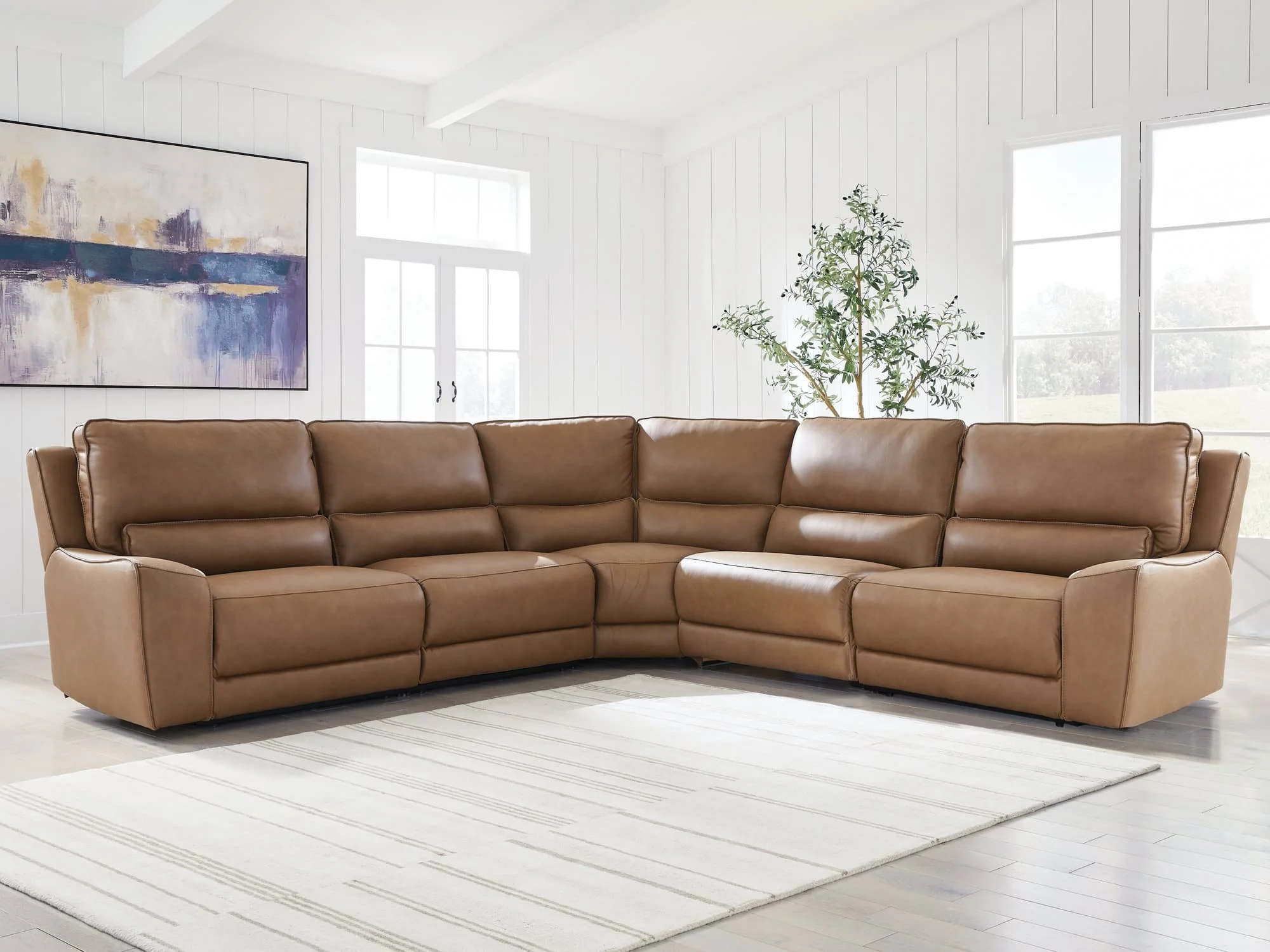 DeepWakes Caramel Leather 5-Piece Power Reclining Sectional - Image 1