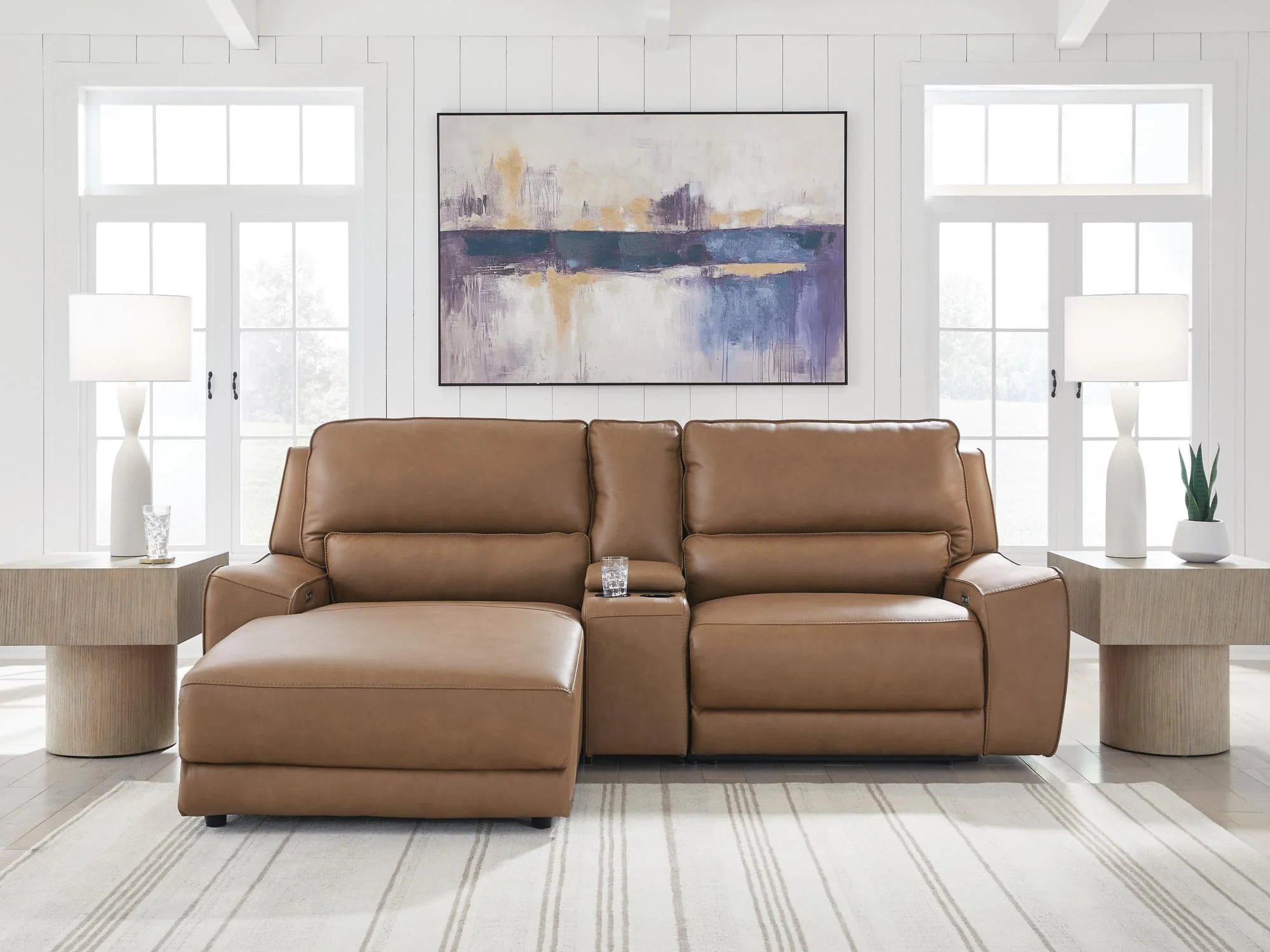 DeepWakes Caramel Leather 3-Piece Power Reclining Sectional with Chaise - Image 1