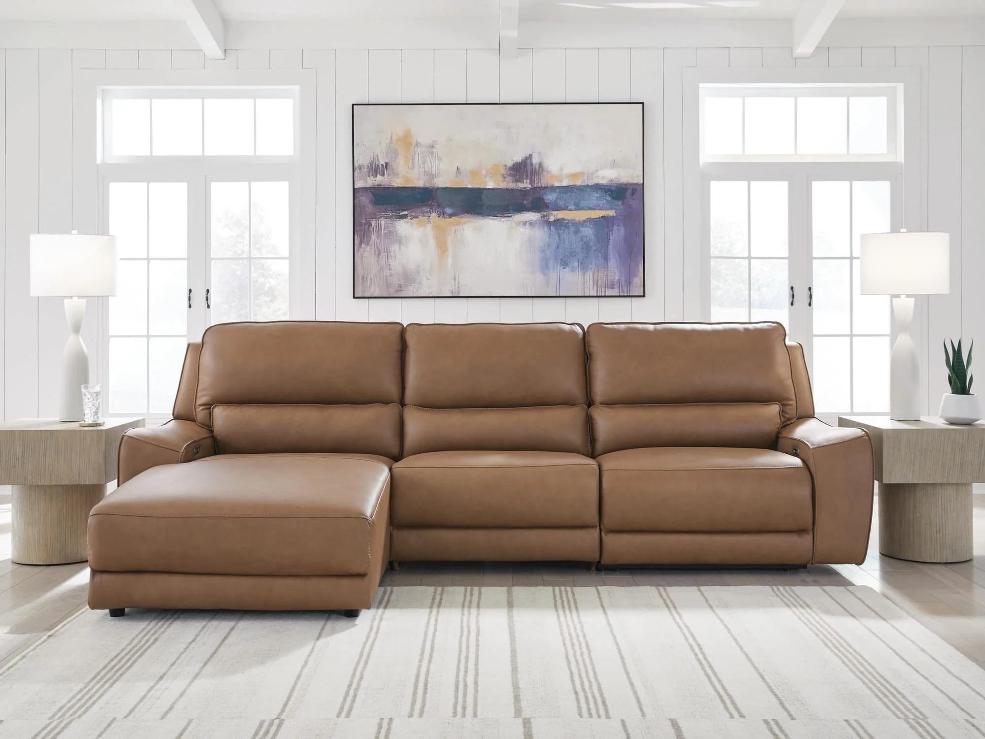 DeepWakes Caramel Leather 3-Piece Reclining Sofa Chaise - Image 1