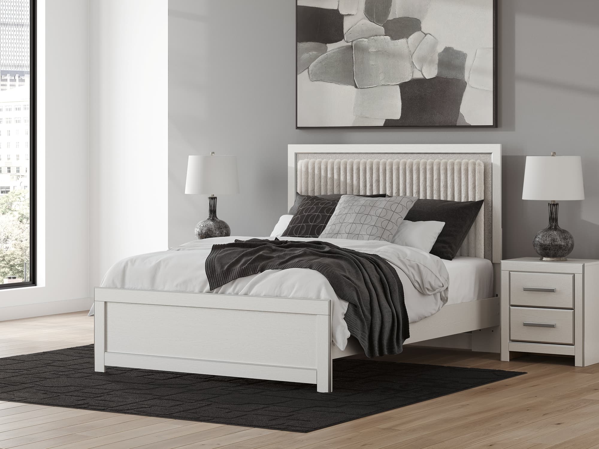 Zuraleus White Queen Upholstered Panel Platform Bed - Image 1
