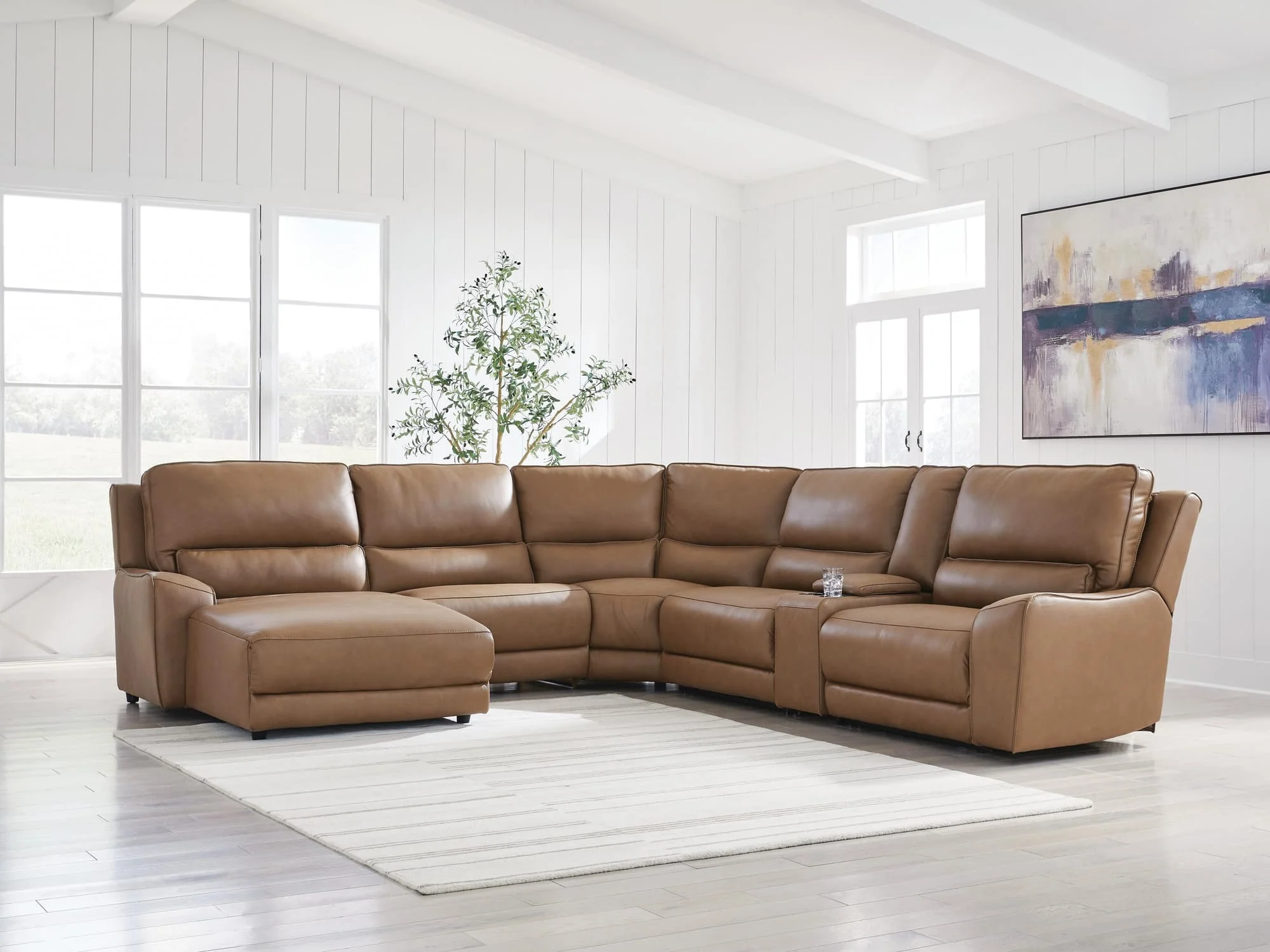 DeepWakes Caramel Leather 6-Piece Power Reclining Sectional with Chaise - Image 1