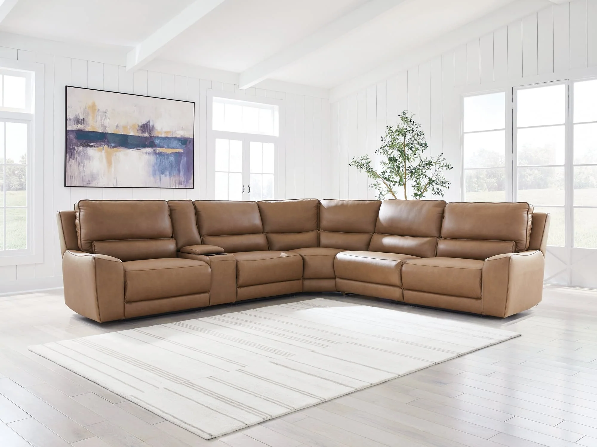DeepWakes Caramel Leather 6-Piece Reclining Sectional with Storage Console - Image 1