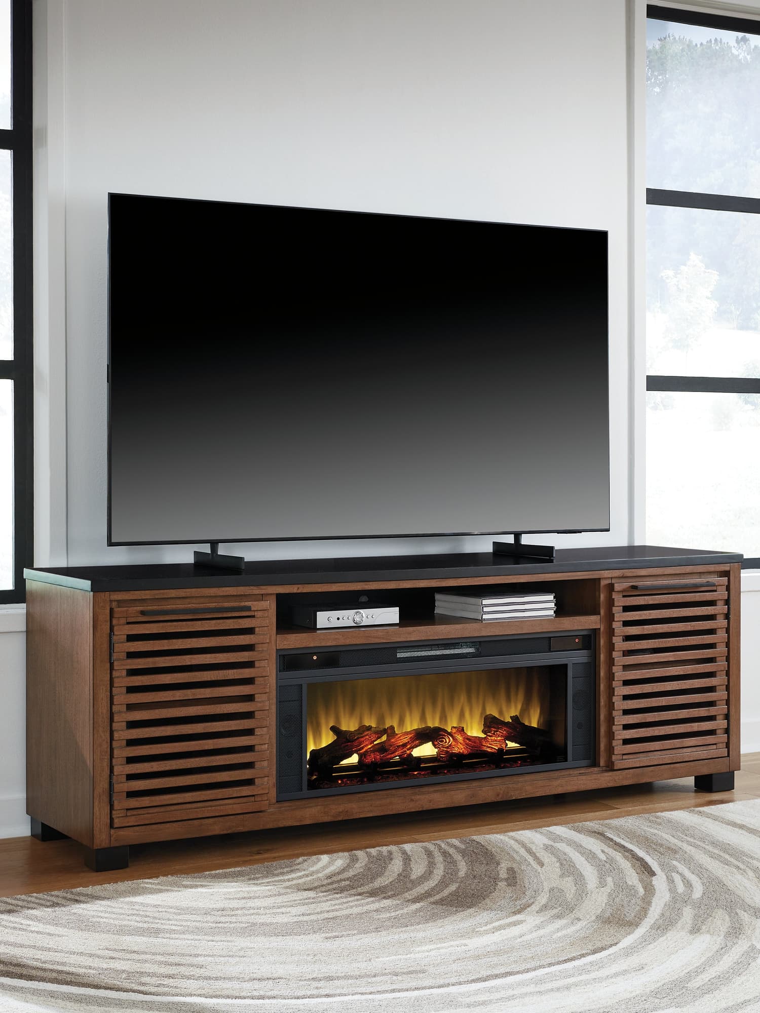 Kallari Warm Brown/Black 84″ TV Stand with Electric Fireplace