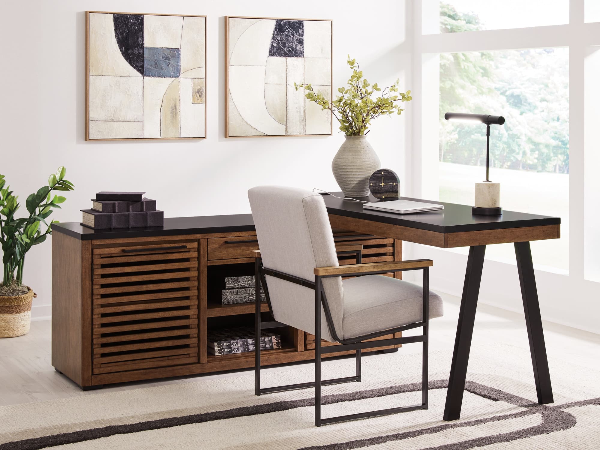 Kallari Warm Brown/Black Credenza with Desk Return