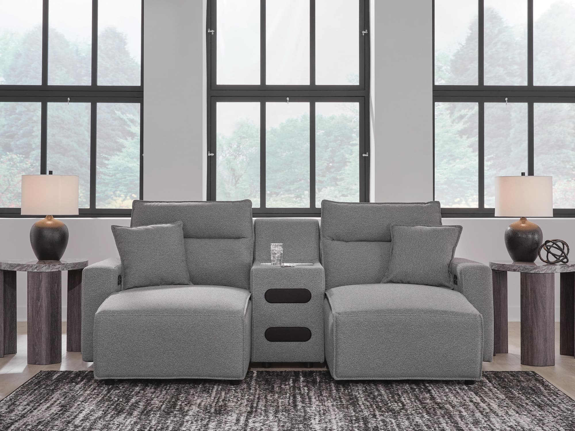 Modmax II Salt and Pepper Next-Gen Nuvella™ 3-Piece Power Reclining Sectional with Chaise and Audio Console - Image 1