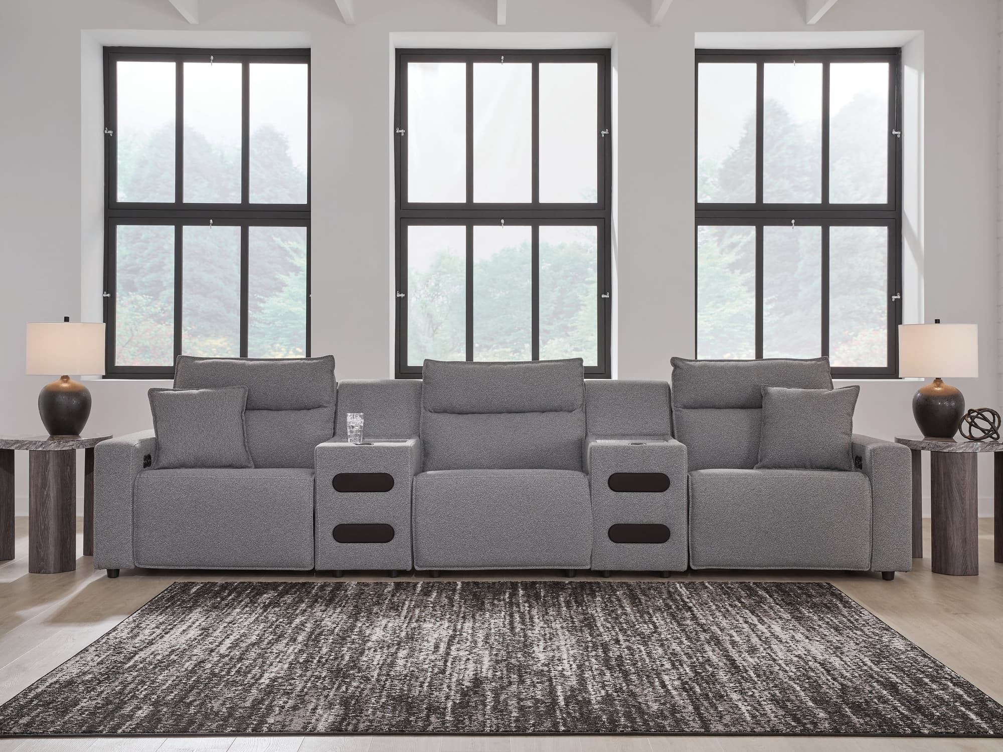 Modmax II Salt and Pepper Next-Gen Nuvella™ 5-Piece Power Reclining Sectional with Audio Consoles - Image 1