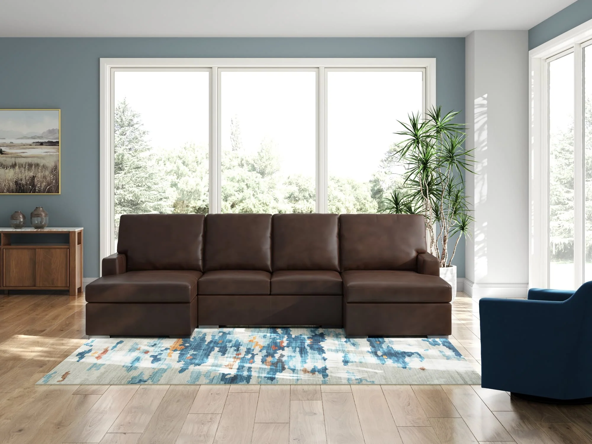 McDowlan Coffee Leather 3-Piece Sectional with Double Chaise - Image 1