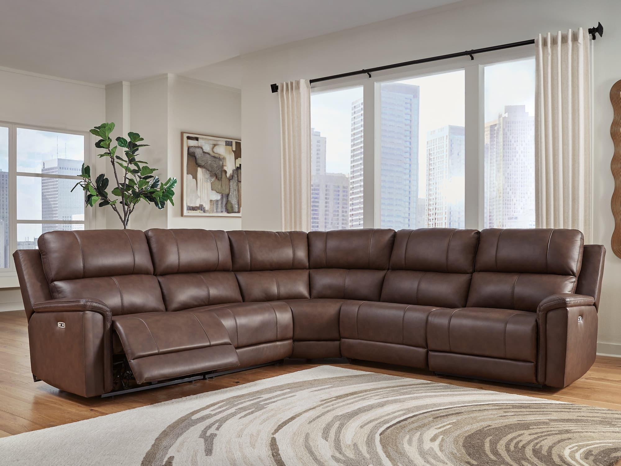 Bleckley Espresso Leather 5-Piece Power Reclining Sectional - Image 1