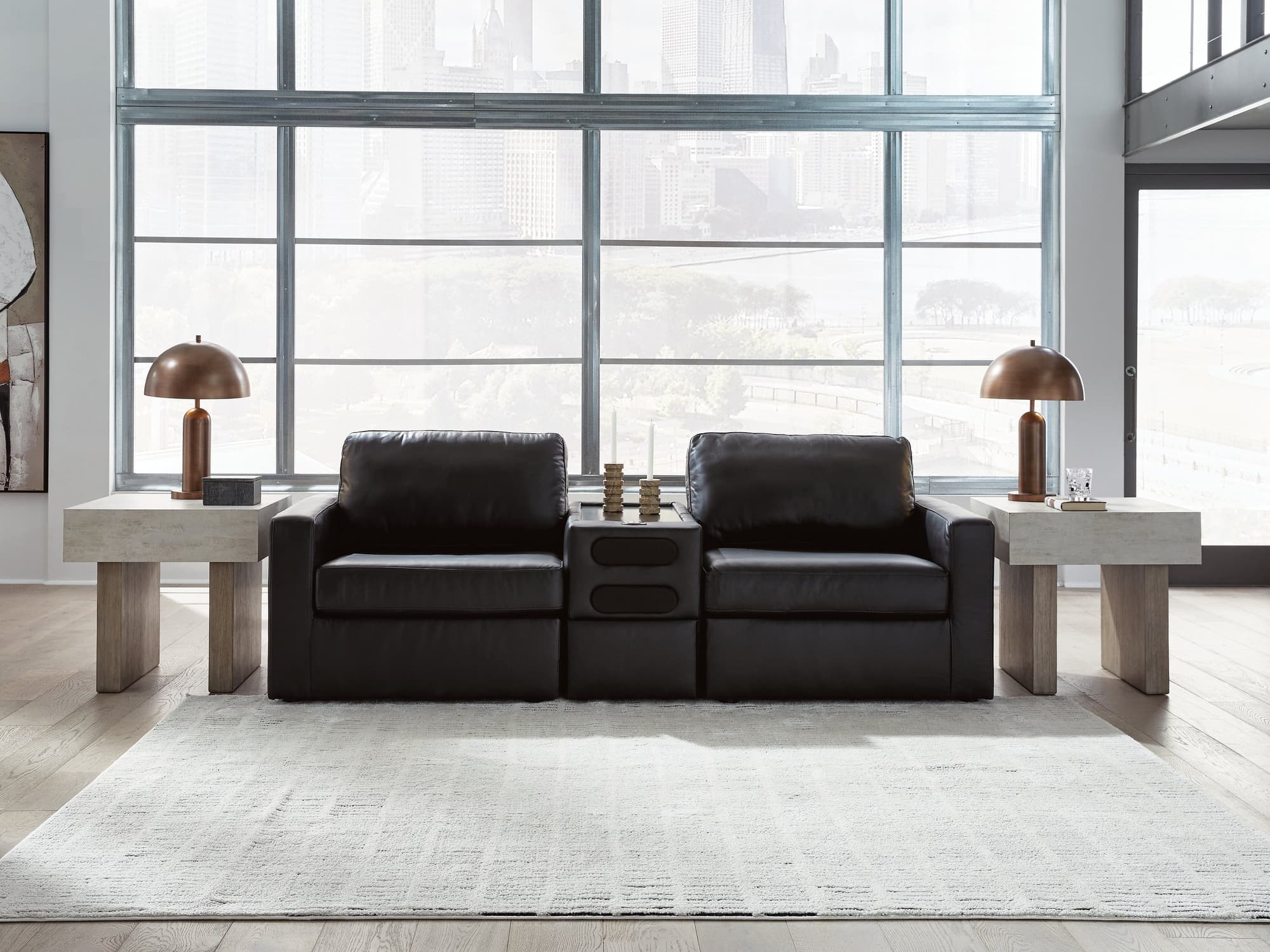Modmax II Black Leather 3-Piece Sectional Loveseat with Audio Console - Image 1