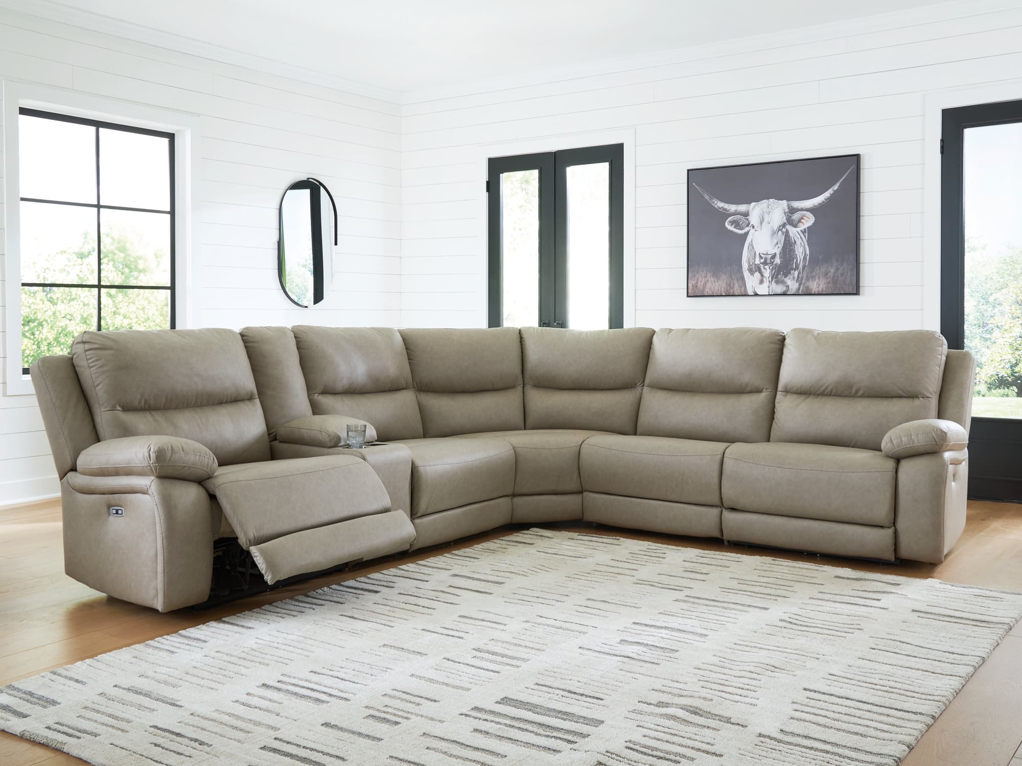 Narwhal Place Pebble Faux Leather 6-Piece Reclining Sectional with Storage Console - Image 1