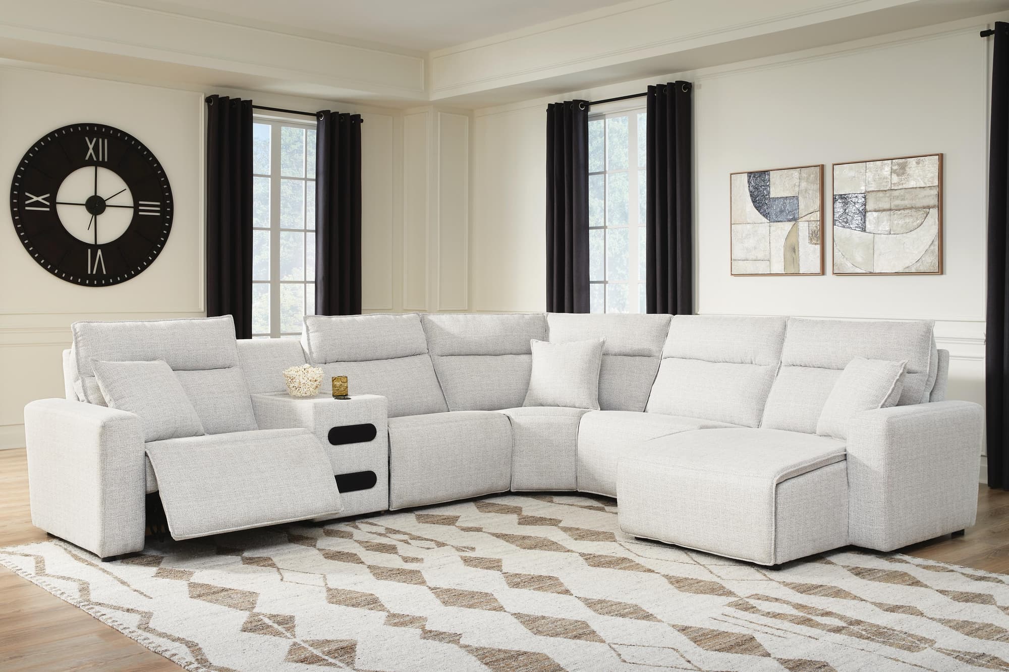 Modmax II Stone 6-Piece Reclining Sectional with Chaise and Audio Console - Image 1