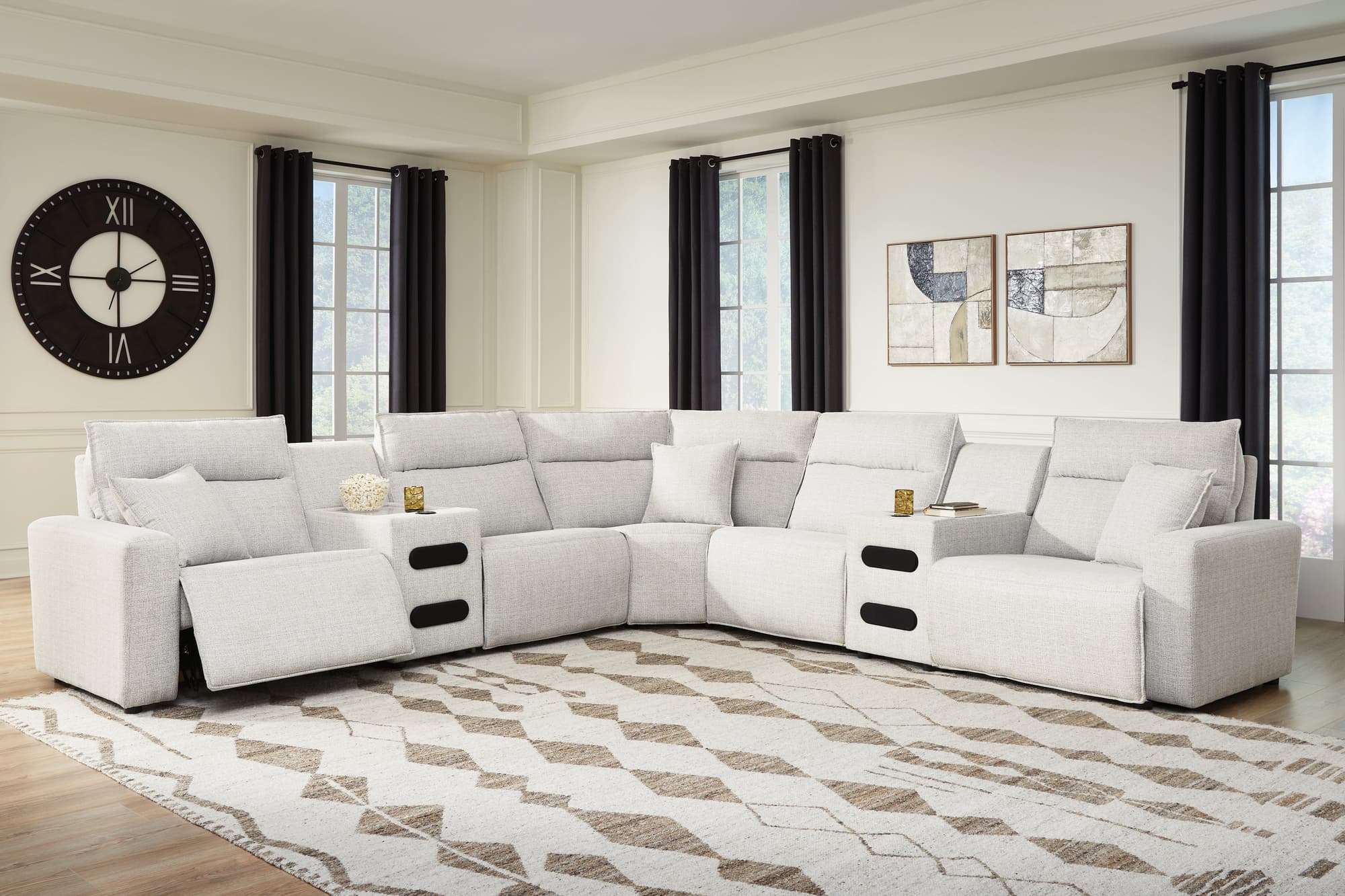 Modmax II Stone 7-Piece Power Reclining Sectional with Audio Consoles - Image 1