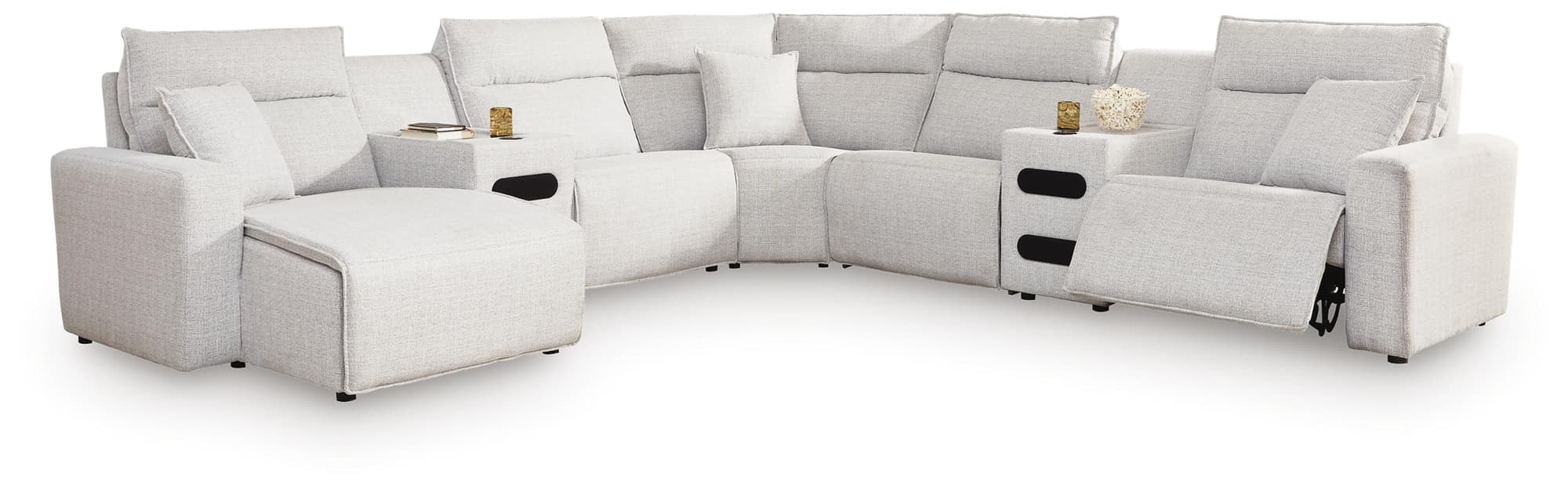 Modmax II Stone 7-Piece Power Reclining Sectional with Chaise and Audio Consoles - Image 1