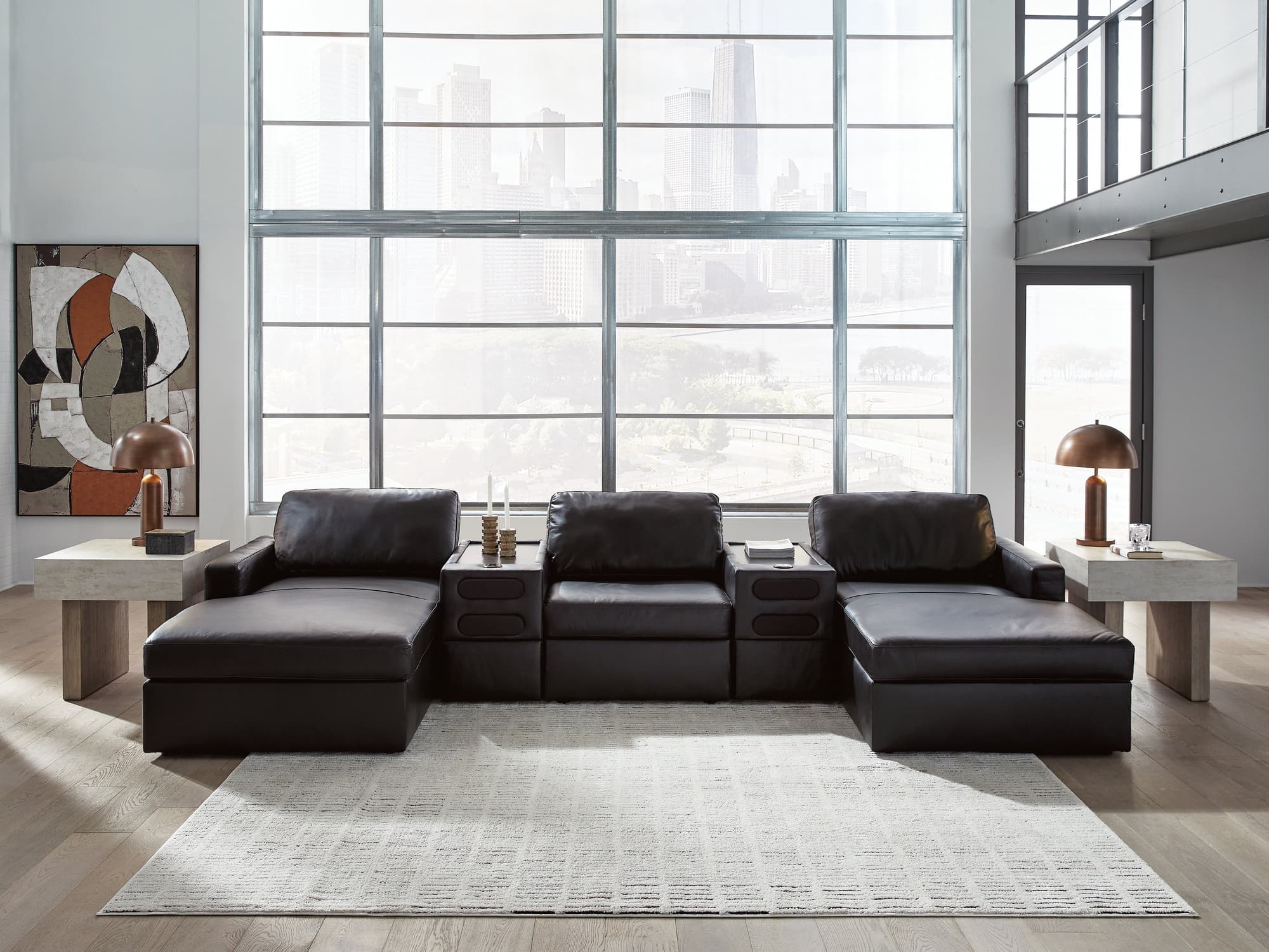 Modmax II Black Leather 5-Piece Double Chaise Sectional with Audio Consoles - Image 1