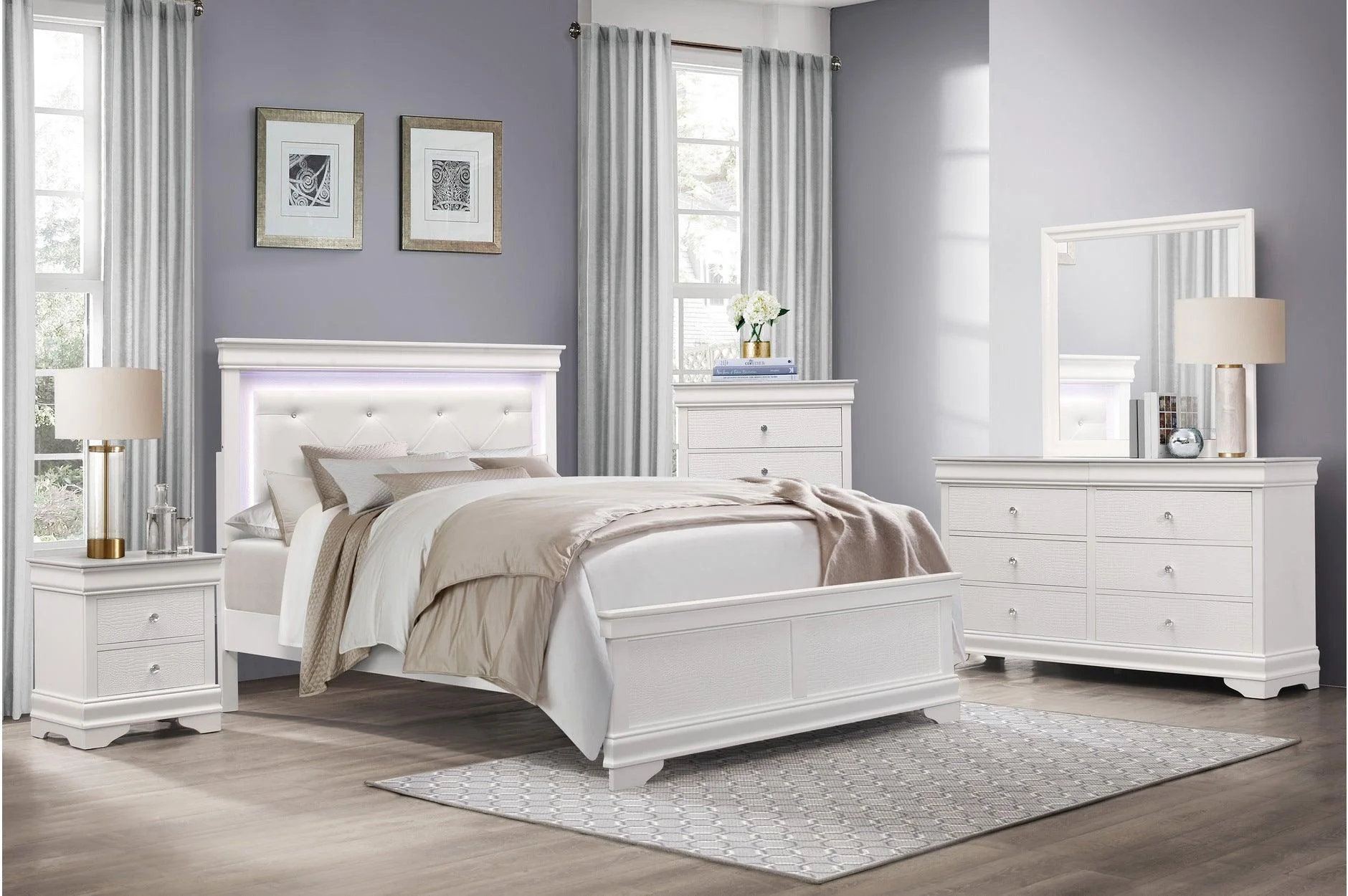Lana White Faux Leather Tufted LED Panel Bedroom Set - Image 1
