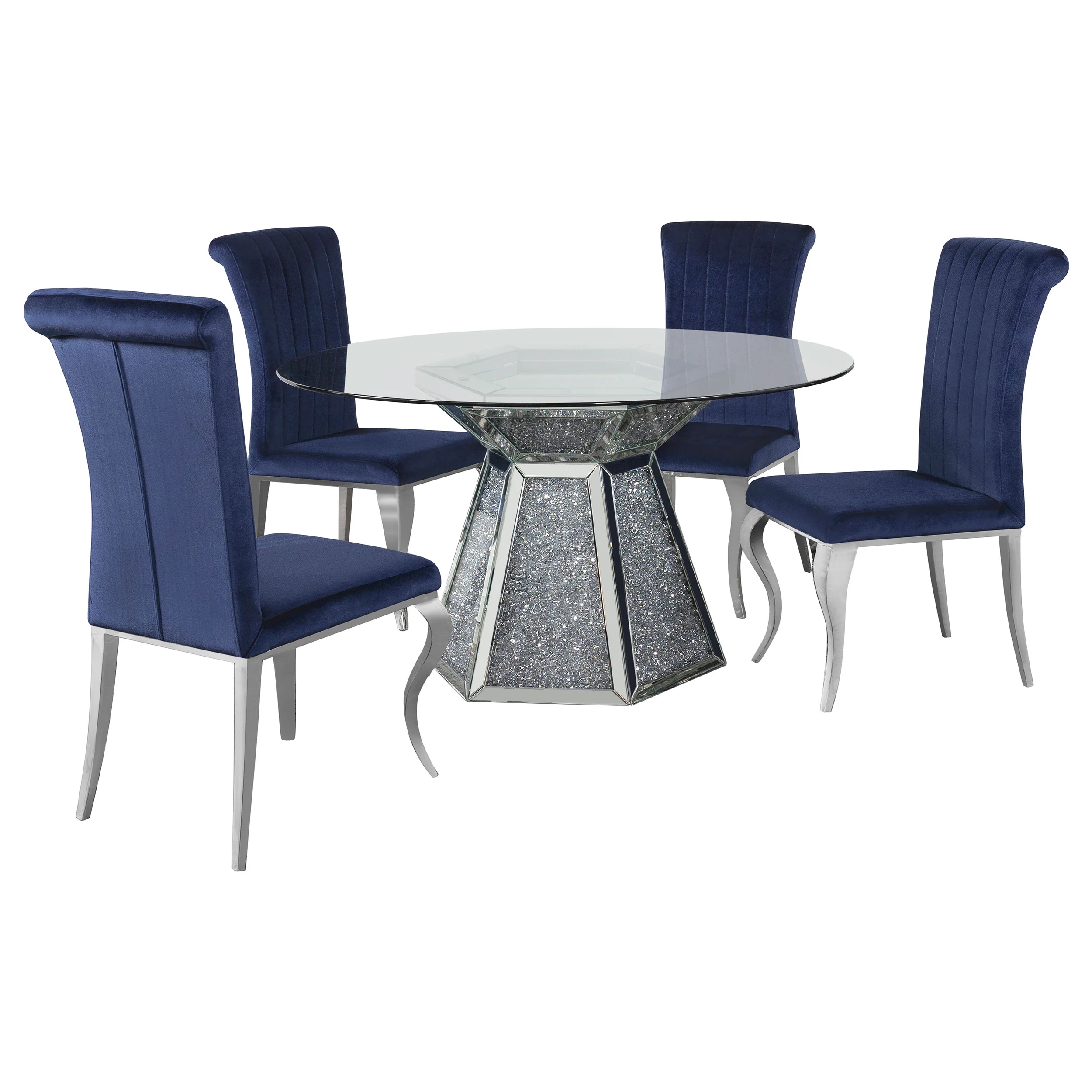 Quinn Ink Blue Round Glass Top Mirrored Dining Room Set - Image 2