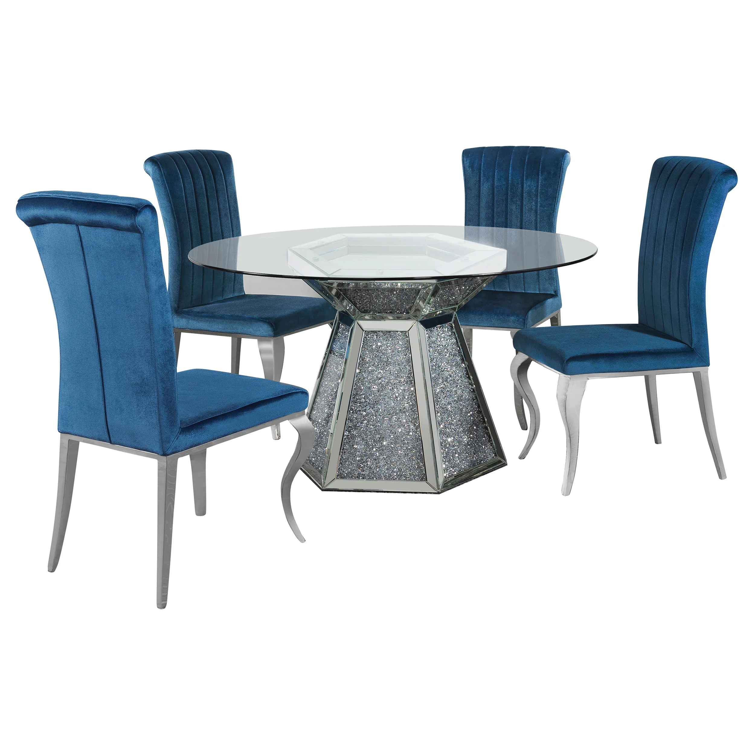 Quinn Teal Round Glass Top Mirrored Dining Room Set - Image 2