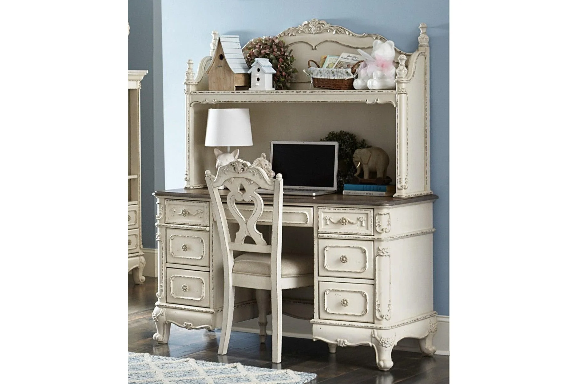 Cinderella Gray Floral Motif Writing Desk With Hutch