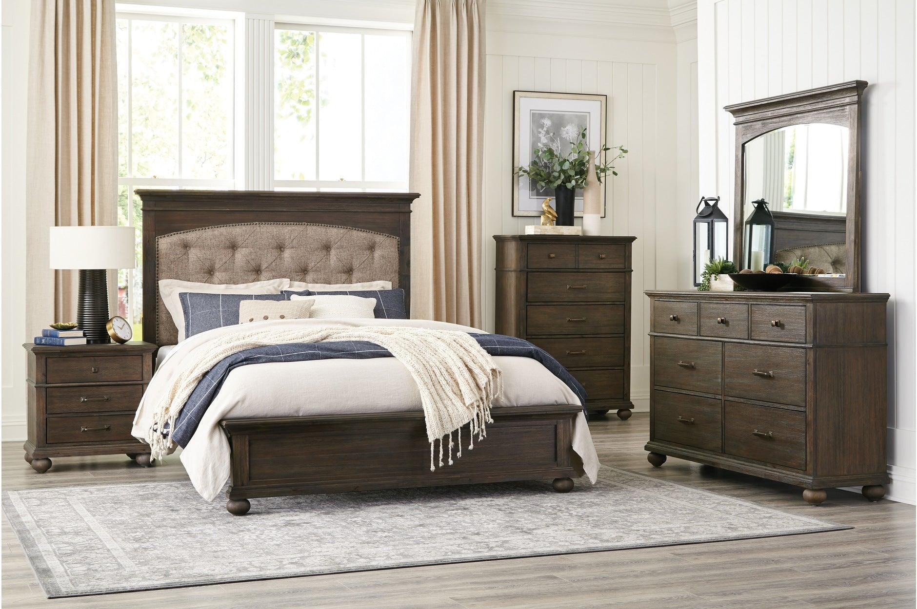 Motsinger Brown Fabric Tufted Panel Bedroom Set - Image 1
