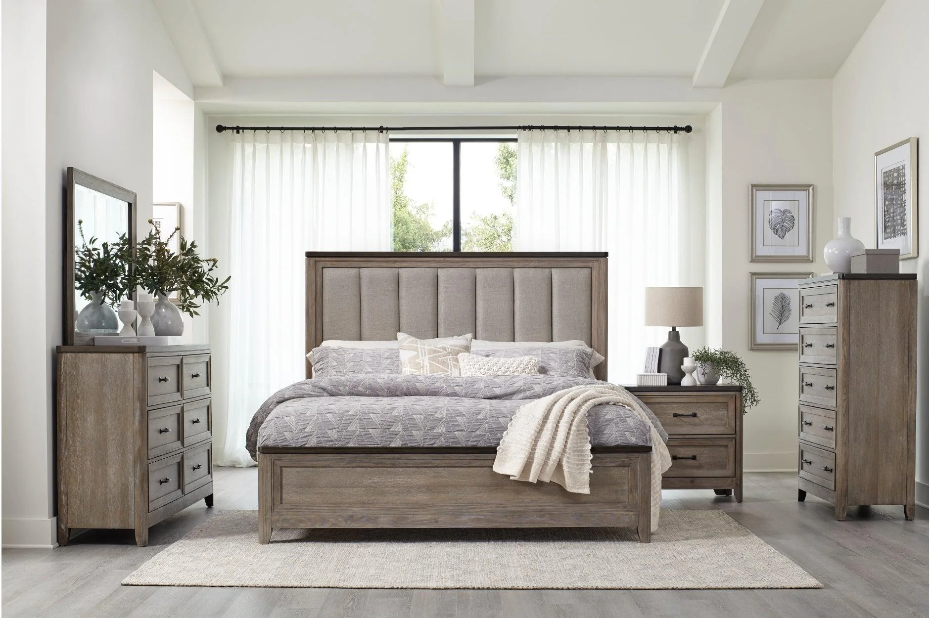 Newell Gray Twotone Fabric Panel Bedroom Set - Image 1