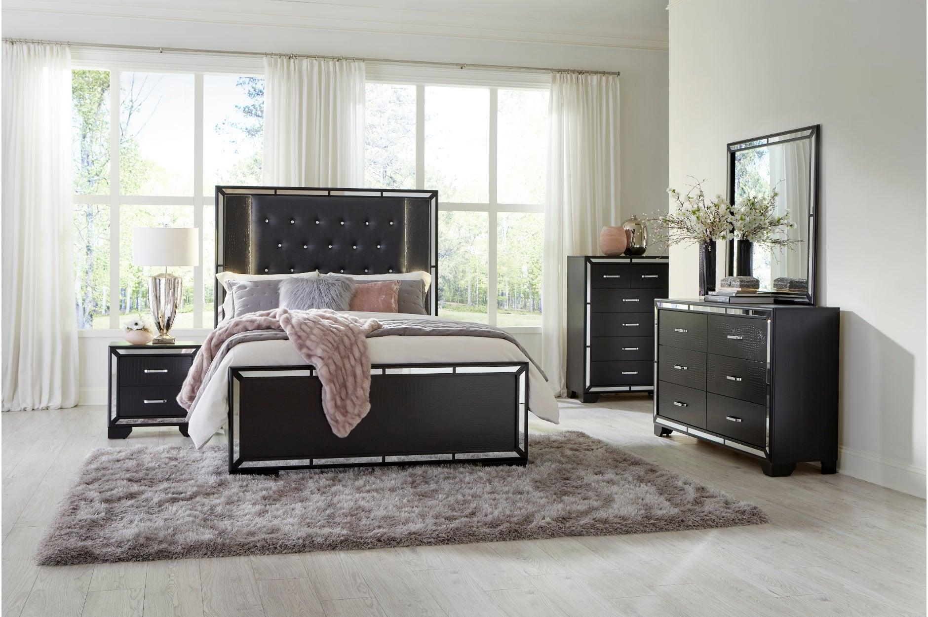 Aveline Black Faux Leather LED Upholstered Tufted Panel Bedroom Set