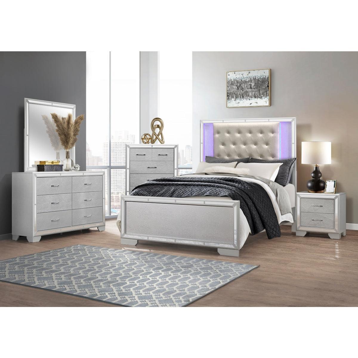 Aveline Silver Faux Leather Tufted LED Panel Queen Bed - Image 3