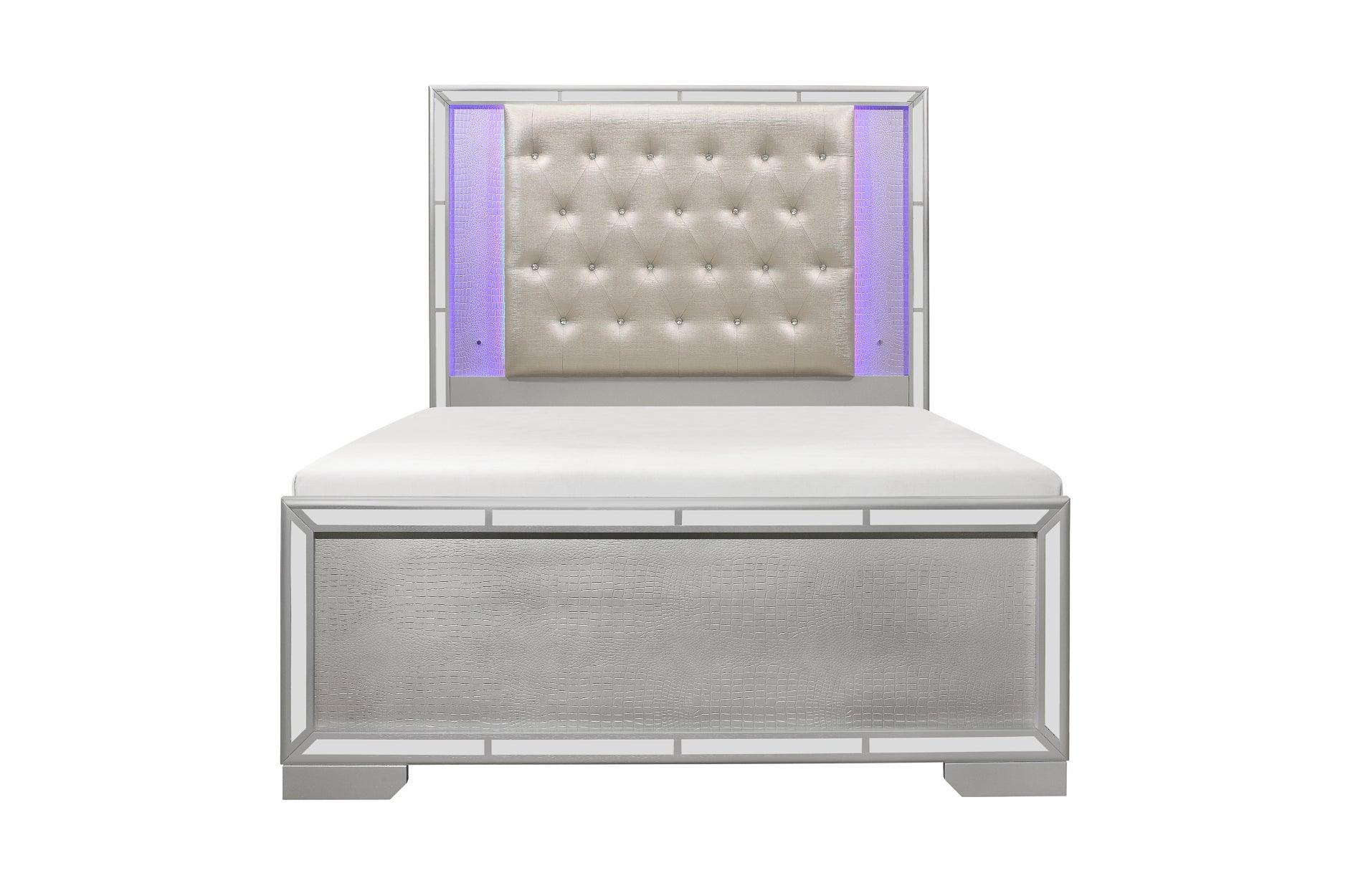 Aveline Silver Faux Leather LED Upholstered Tufted Panel Bedroom Set - Image 2