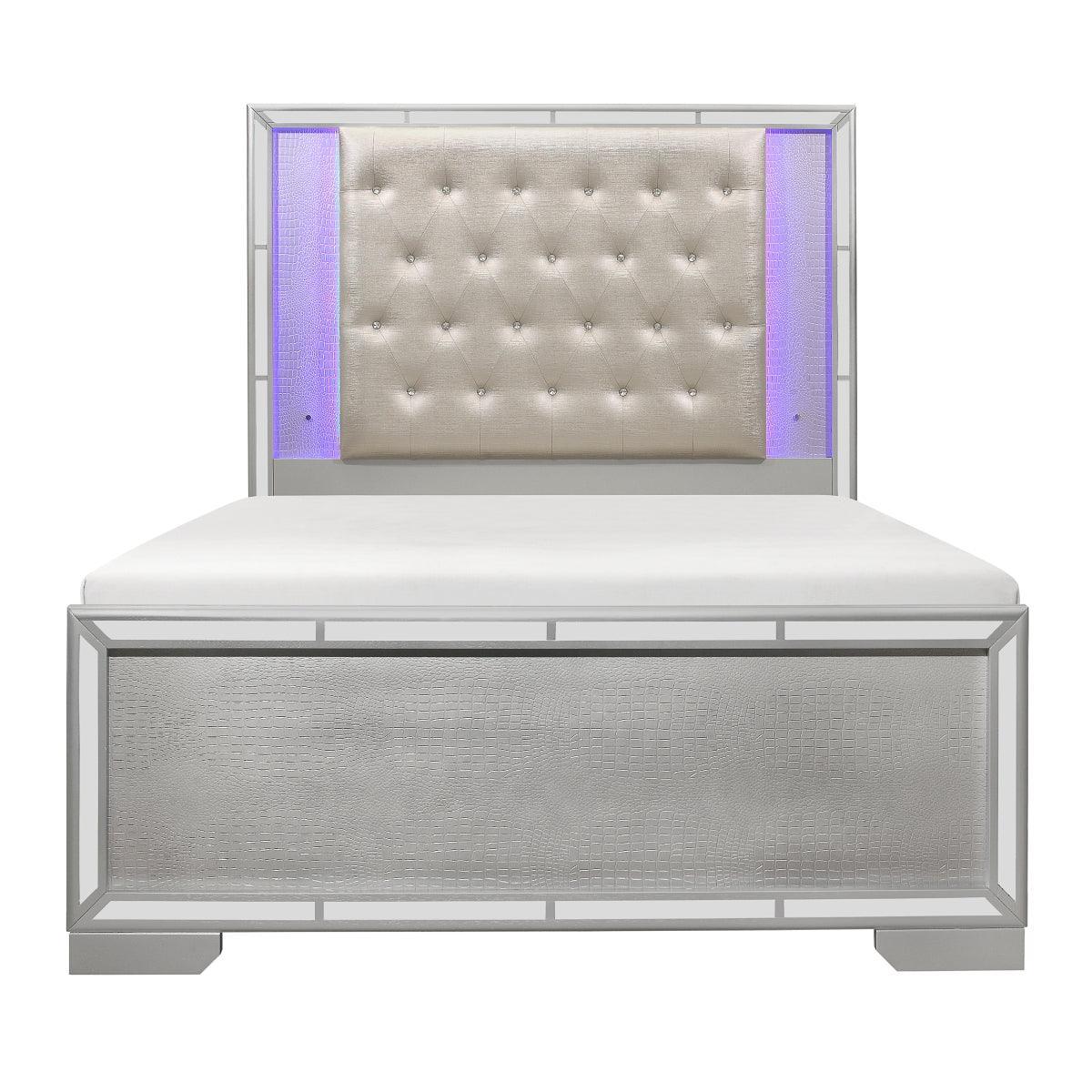 Aveline Silver Faux Leather Tufted LED Panel King Bed - Image 1