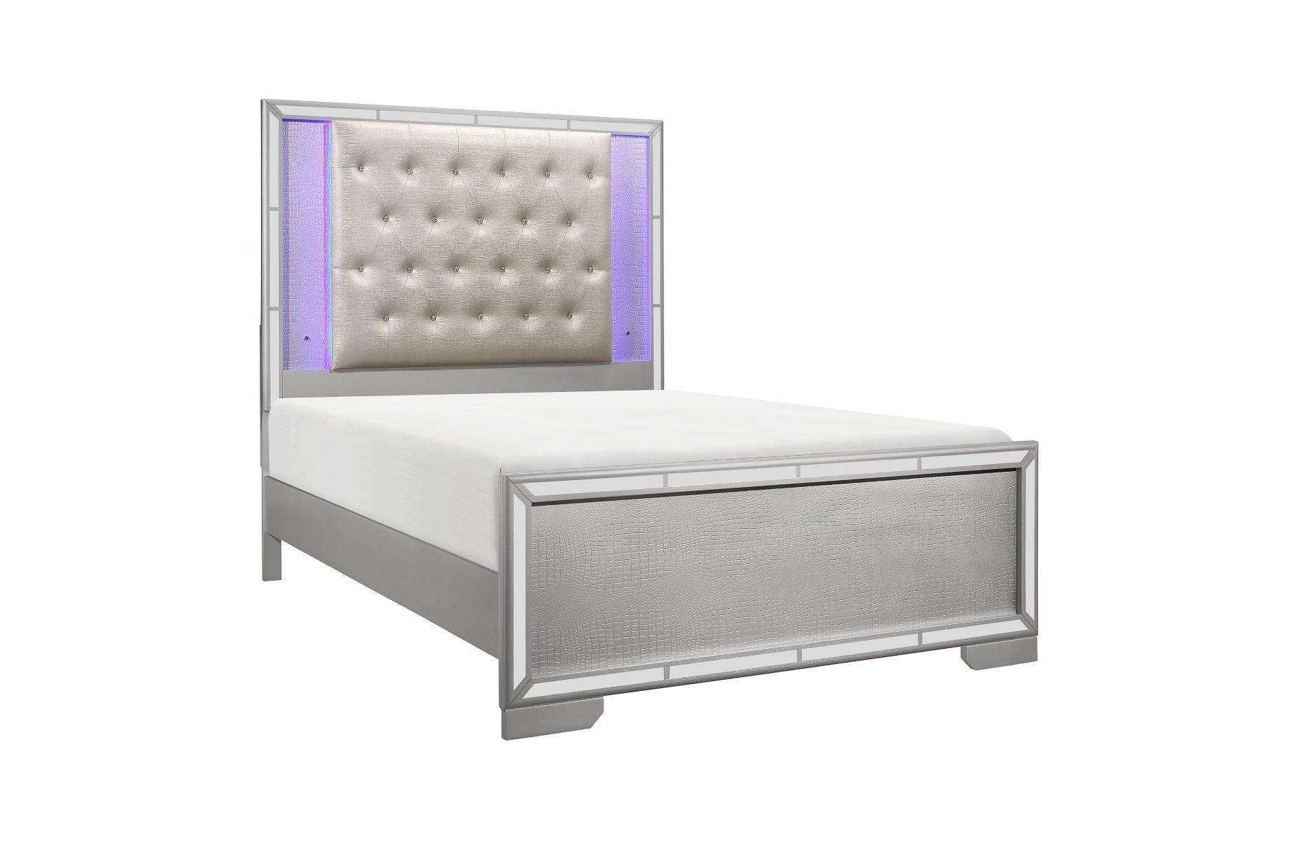 Aveline Silver Faux Leather LED Upholstered Tufted Panel Bedroom Set - Image 3