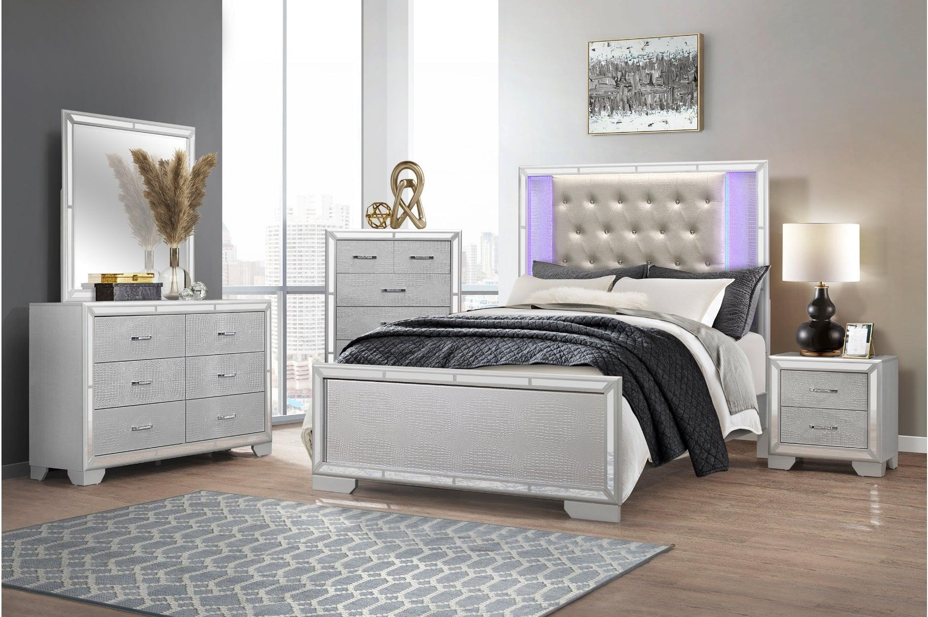 Aveline Silver Faux Leather LED Upholstered Tufted Panel Bedroom Set - Image 1