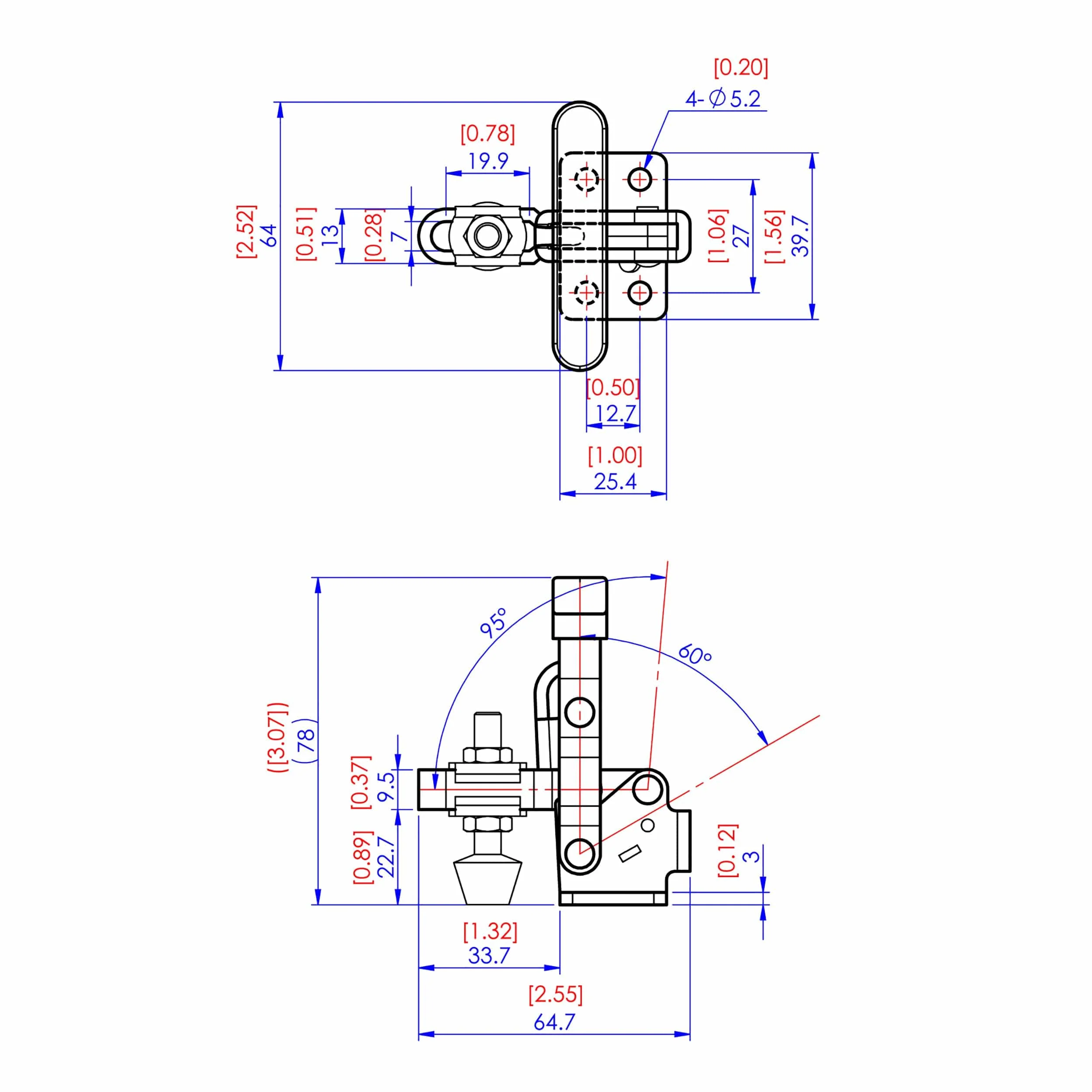 Vertical T Handle Toggle Clamp - 1-5/16" x 1/8" - 200 lb Capacity - Image 2