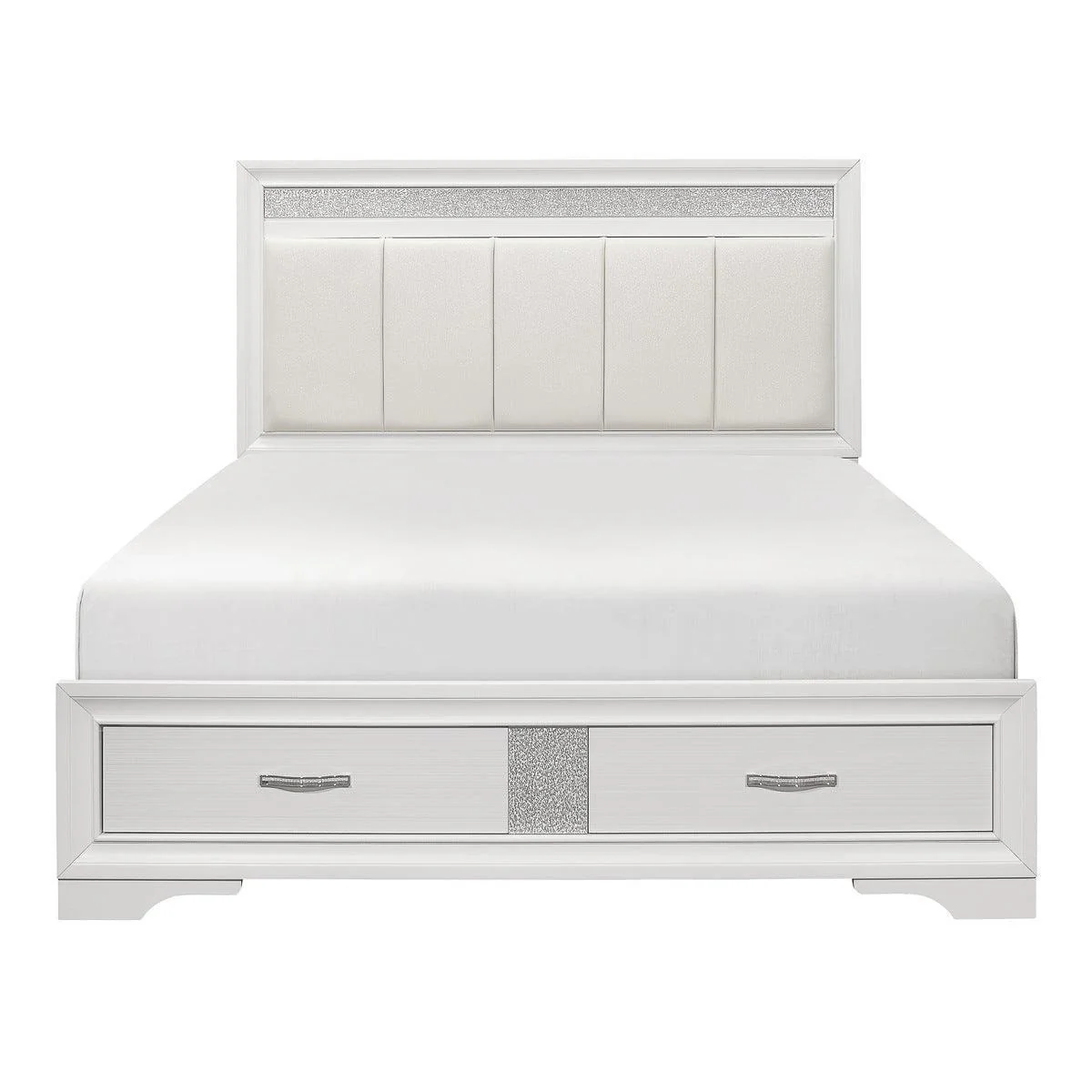 Luster White Faux Leather Platform Queen Bed With Footboard Storage - Image 1