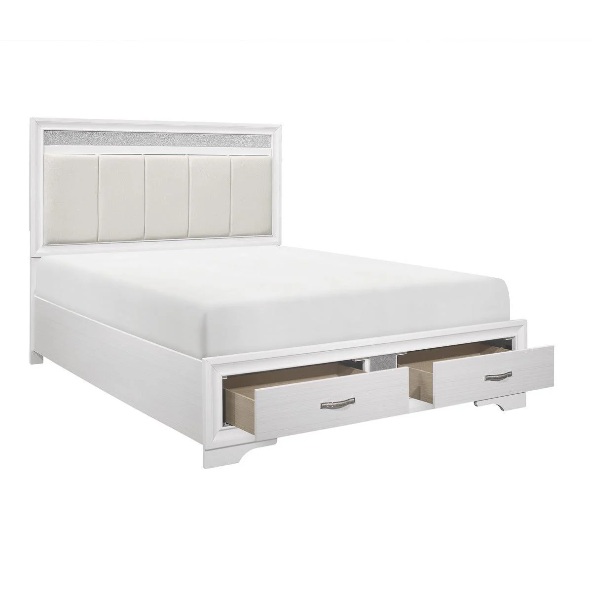 Luster White Faux Leather Platform Queen Bed With Footboard Storage - Image 3