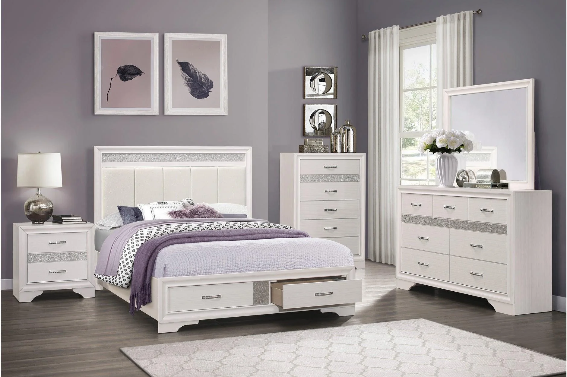Luster White Faux Leather Storage Platform Bedroom Set - Image 1