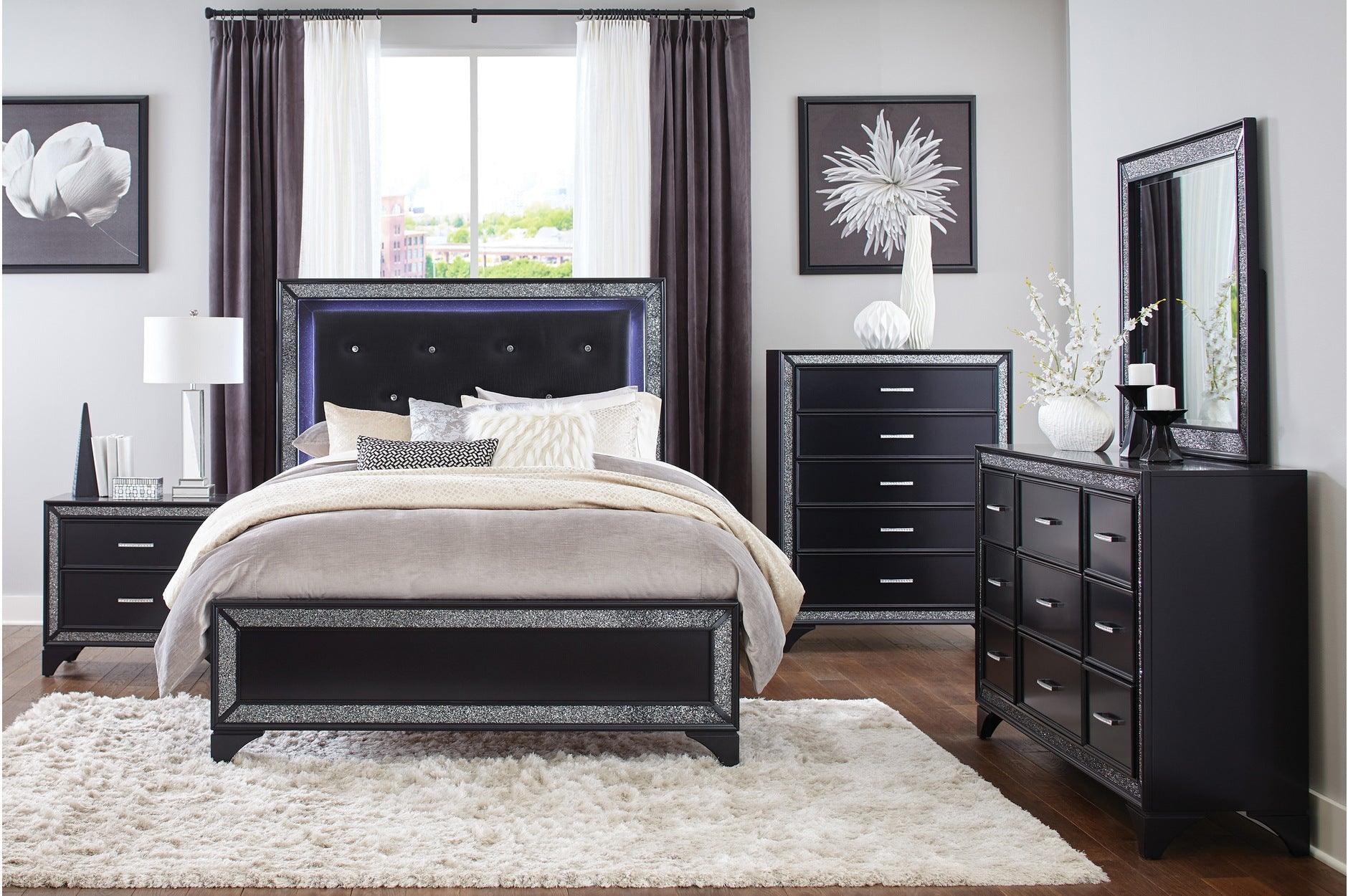 Salon Black Faux Leather Tufted LED Panel Bedroom Set - Image 1