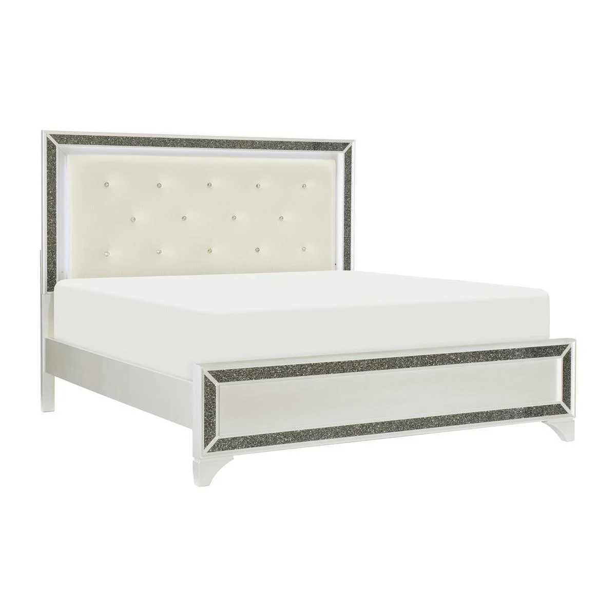Salon Pearl White Faux Leather Tufted LED Panel King Bed - Image 2