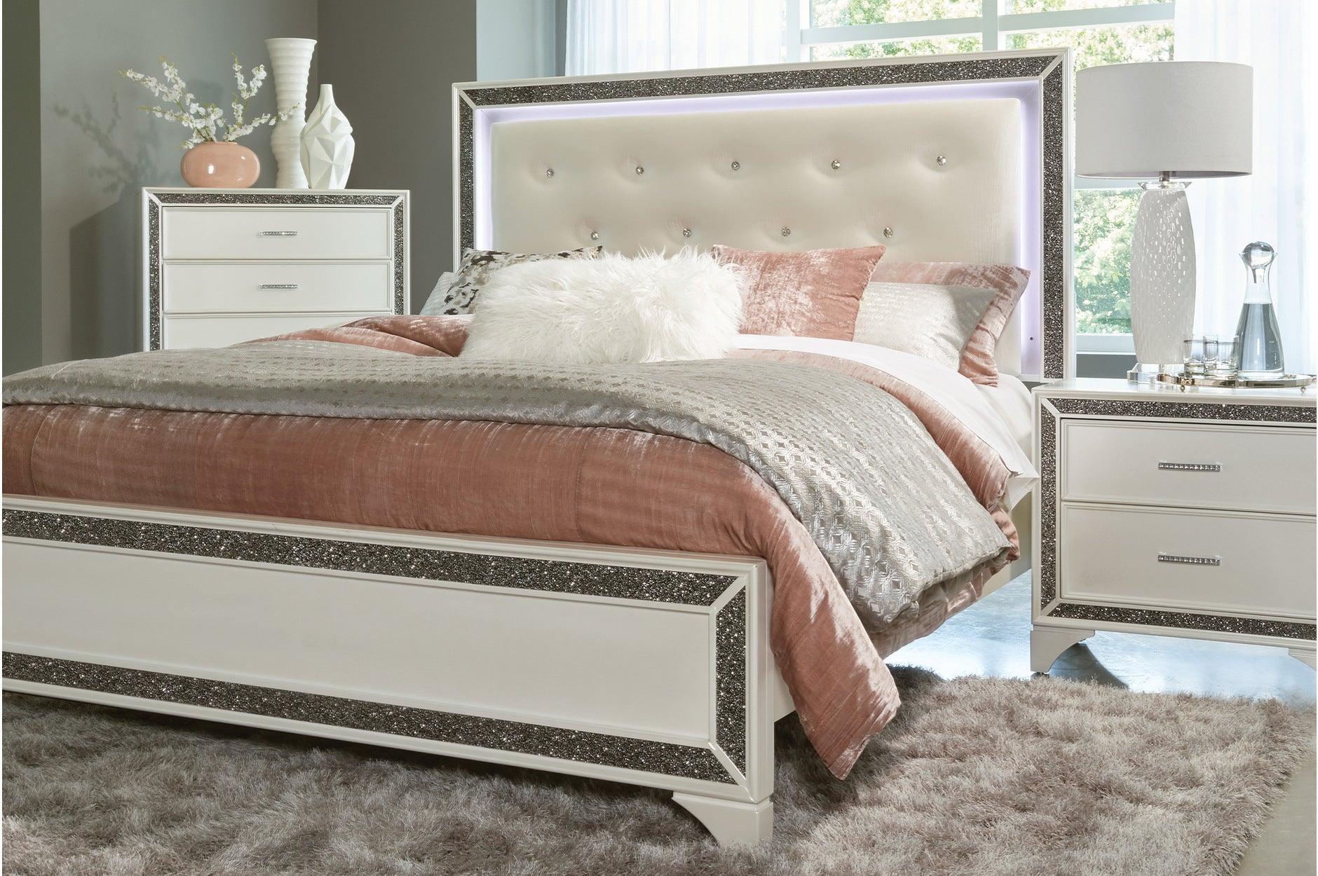 Salon White Faux Leather Tufted LED Panel Bedroom Set - Image 2