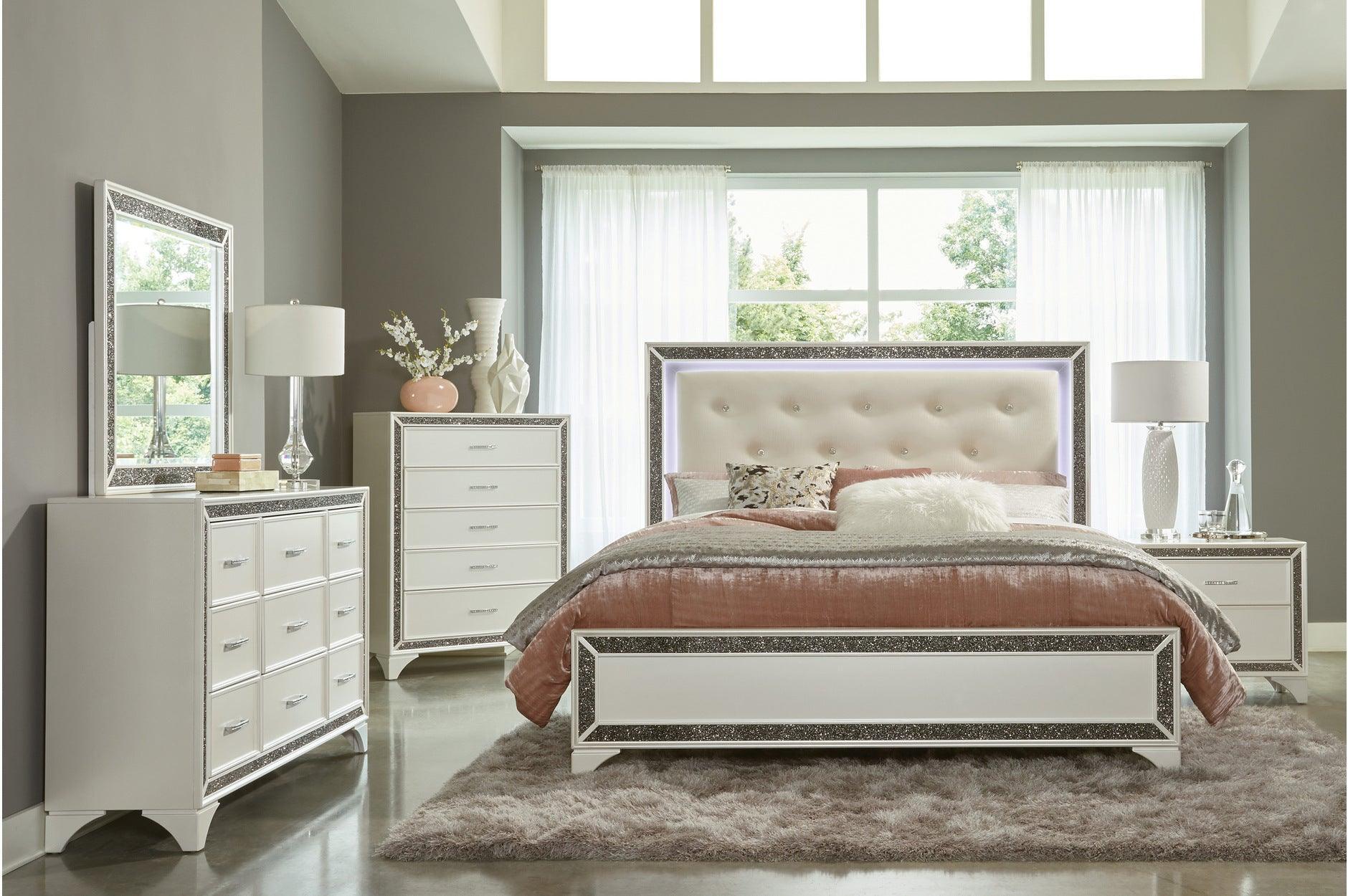 Salon White Faux Leather Tufted LED Panel Bedroom Set - Image 1