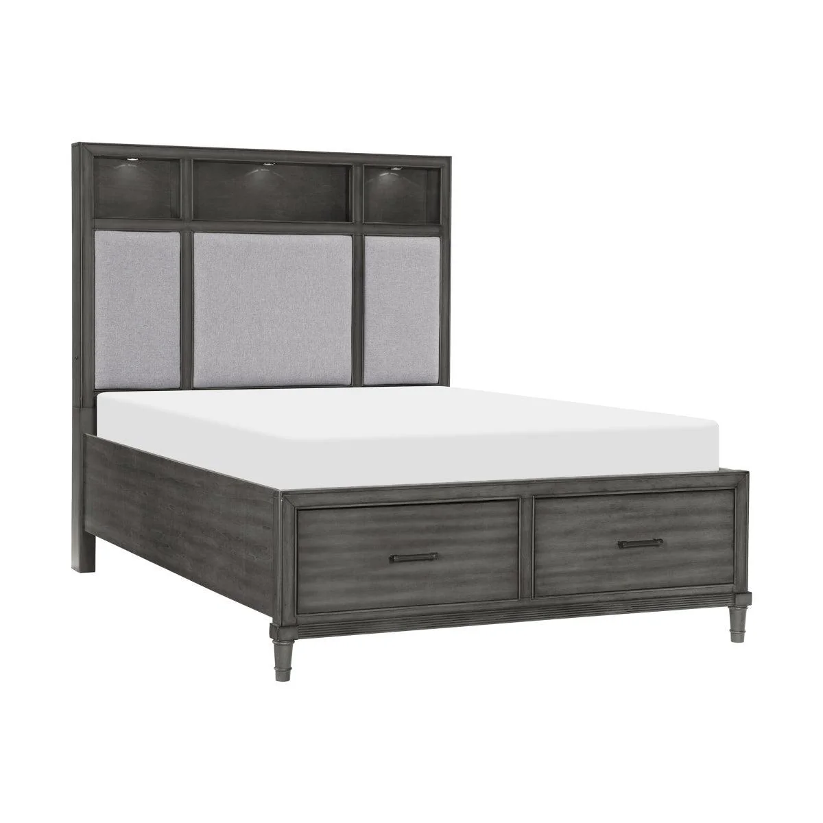 Wittenberry Gray Fabric LED Storage Bookcase Platform Queen Bed - Image 2