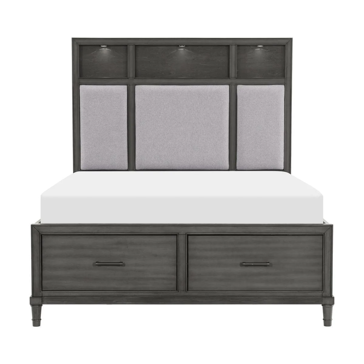 Wittenberry Gray Fabric LED Storage Bookcase Platform Queen Bed - Image 1