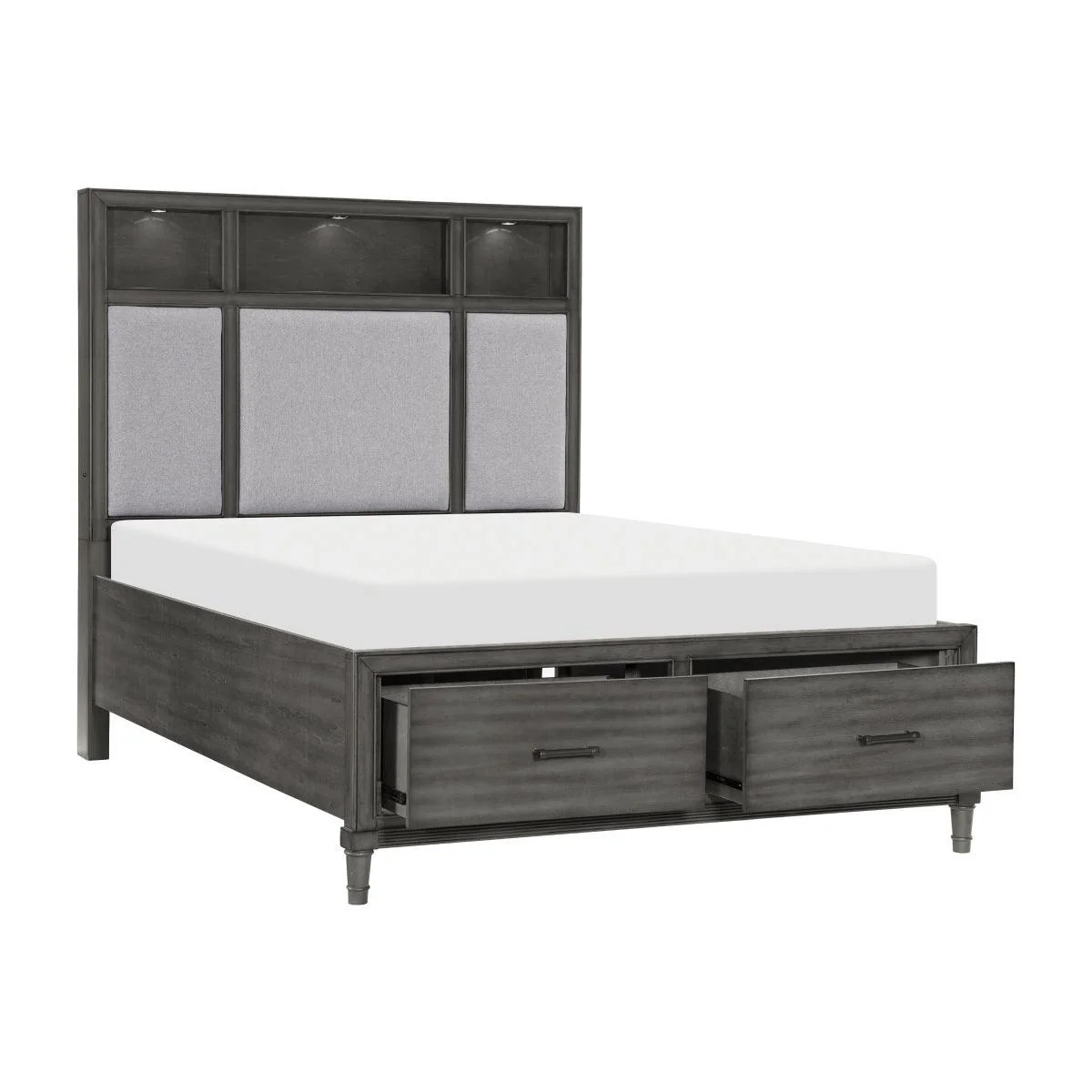 Wittenberry Gray Fabric LED Storage Bookcase Platform Queen Bed - Image 3