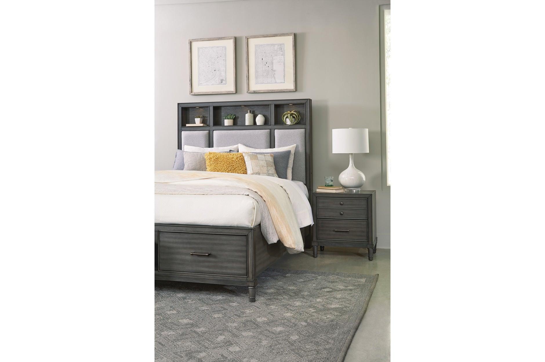 Wittenberry Gray Fabric LED Storage Bookcase Platform Bedroom Set - Image 2