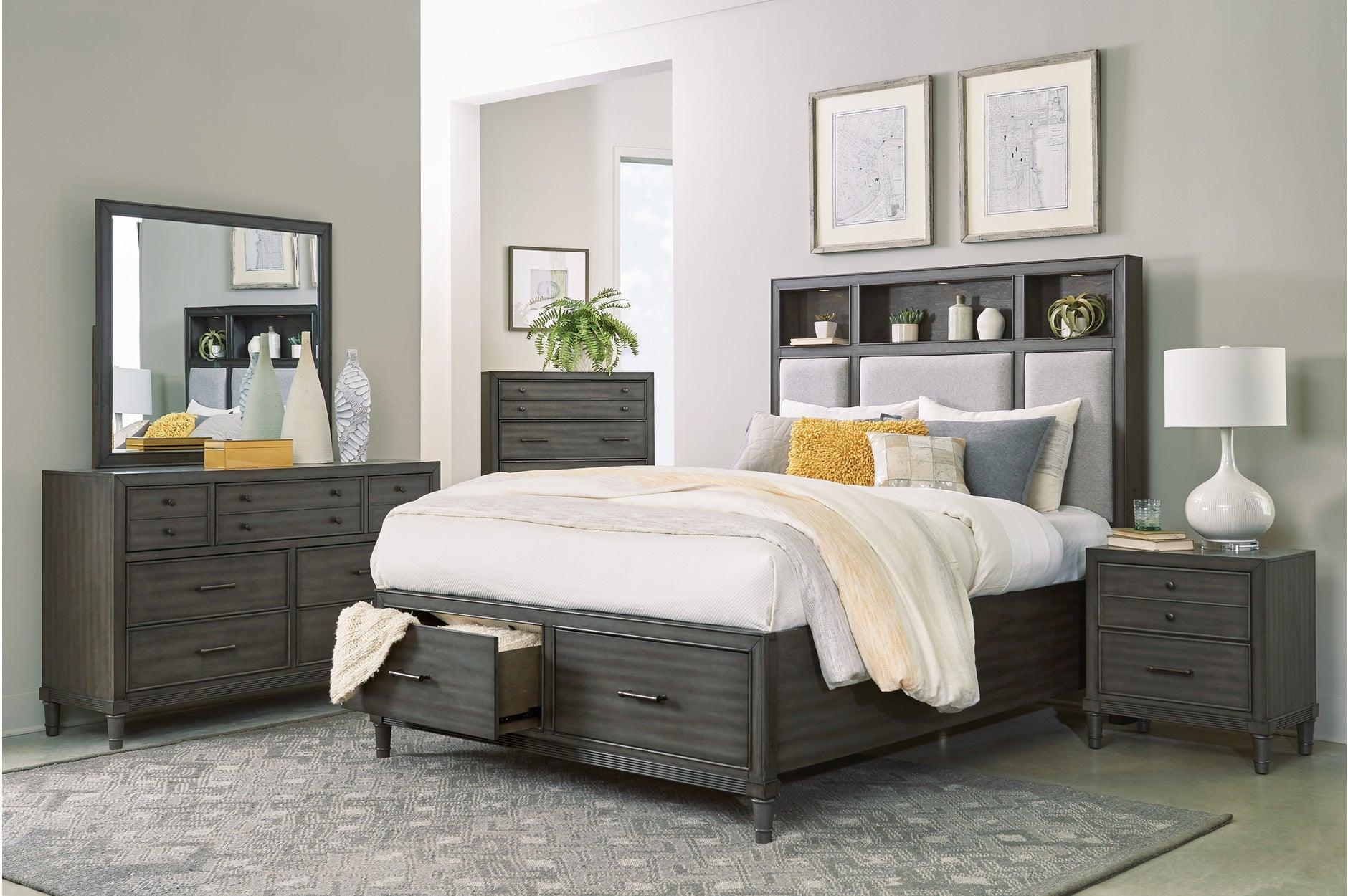 Wittenberry Gray Fabric LED Storage Bookcase Platform Bedroom Set - Image 1