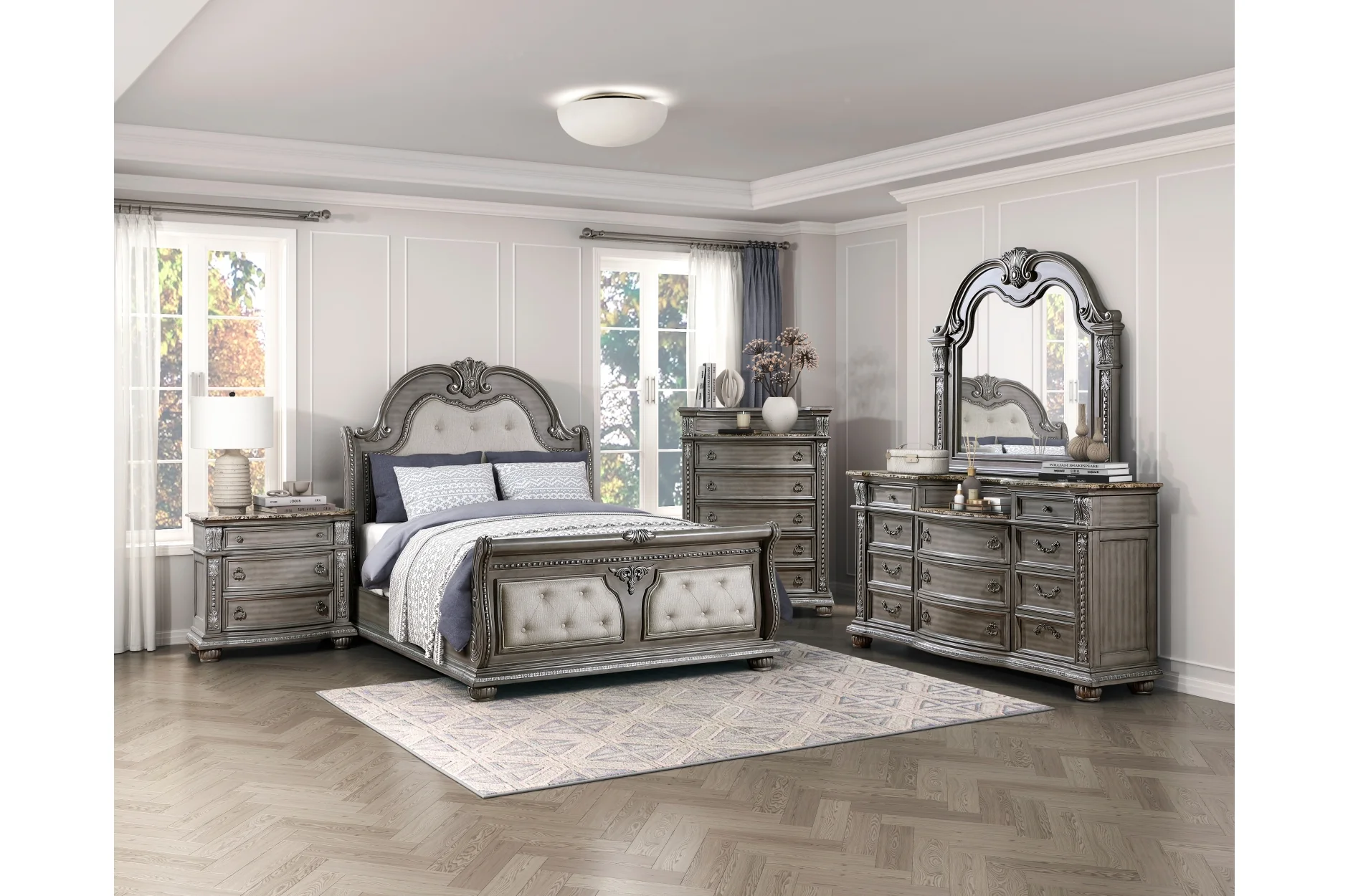 Bennington Gray Upholstered Tufted Panel Bedroom Set - Image 2
