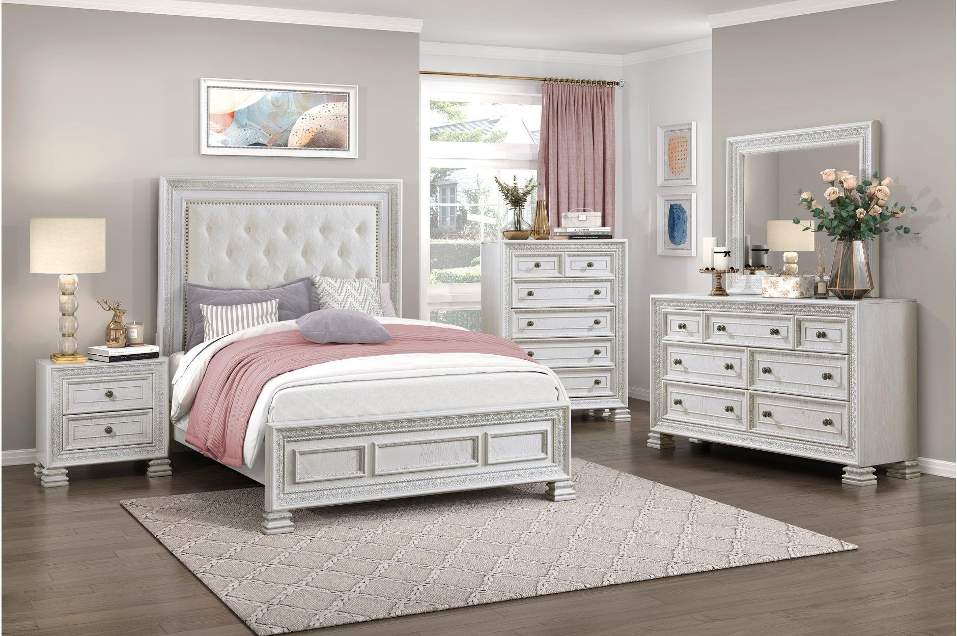 Theodora Pearl White Upholstered Tufted Panel Bedroom Set - Image 1